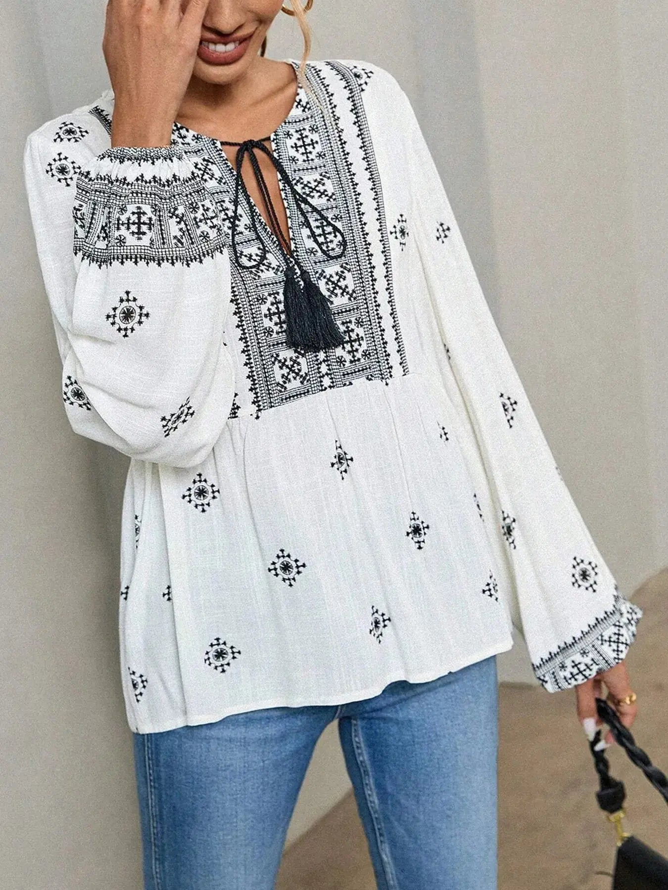 Tie Front Long Sleeve Boho Blouse - Be Bliss Boutique