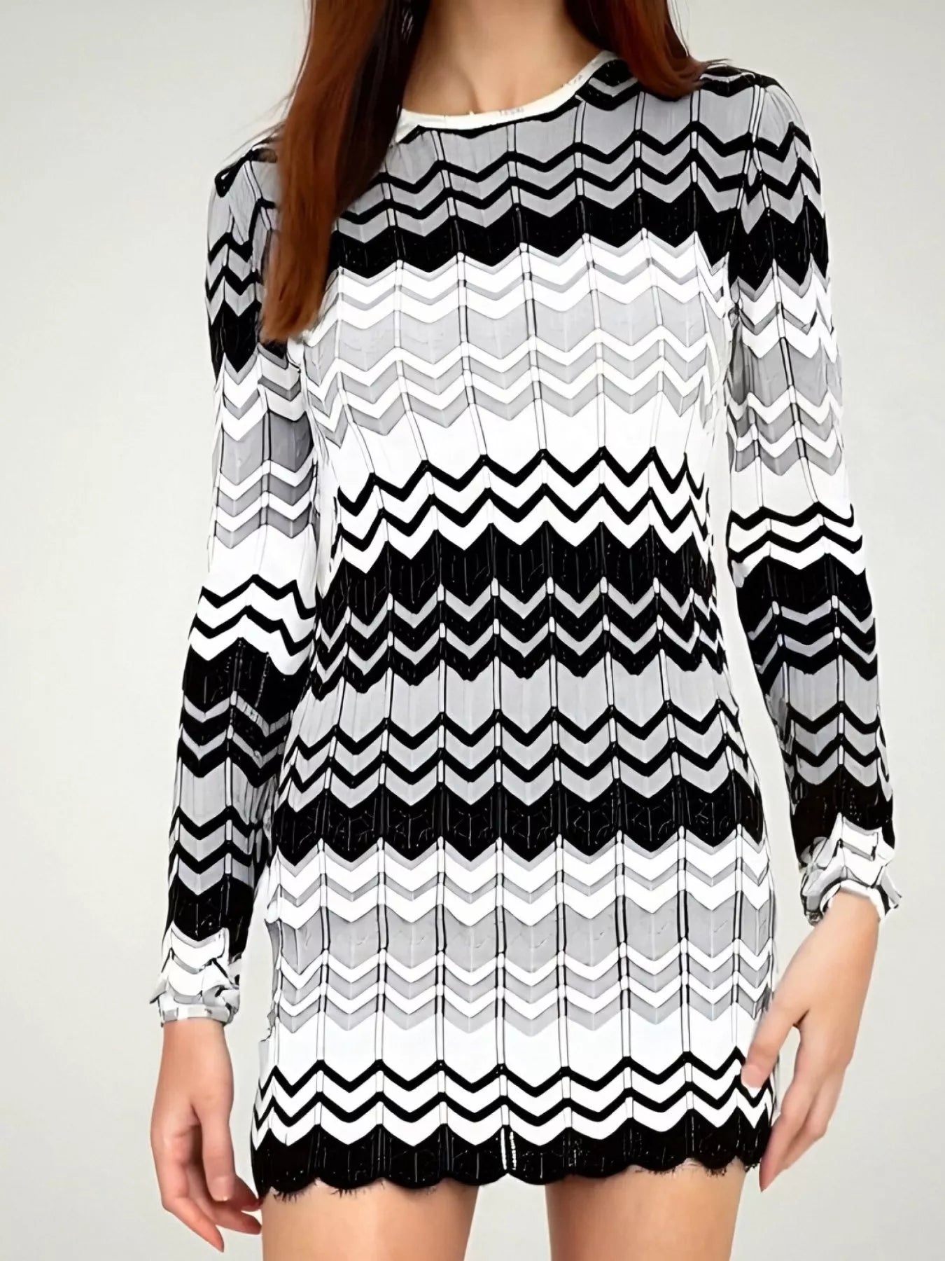 Openwork Wave Pattern Long Sleeve Sweater Dress -  Be Bliss Boutique