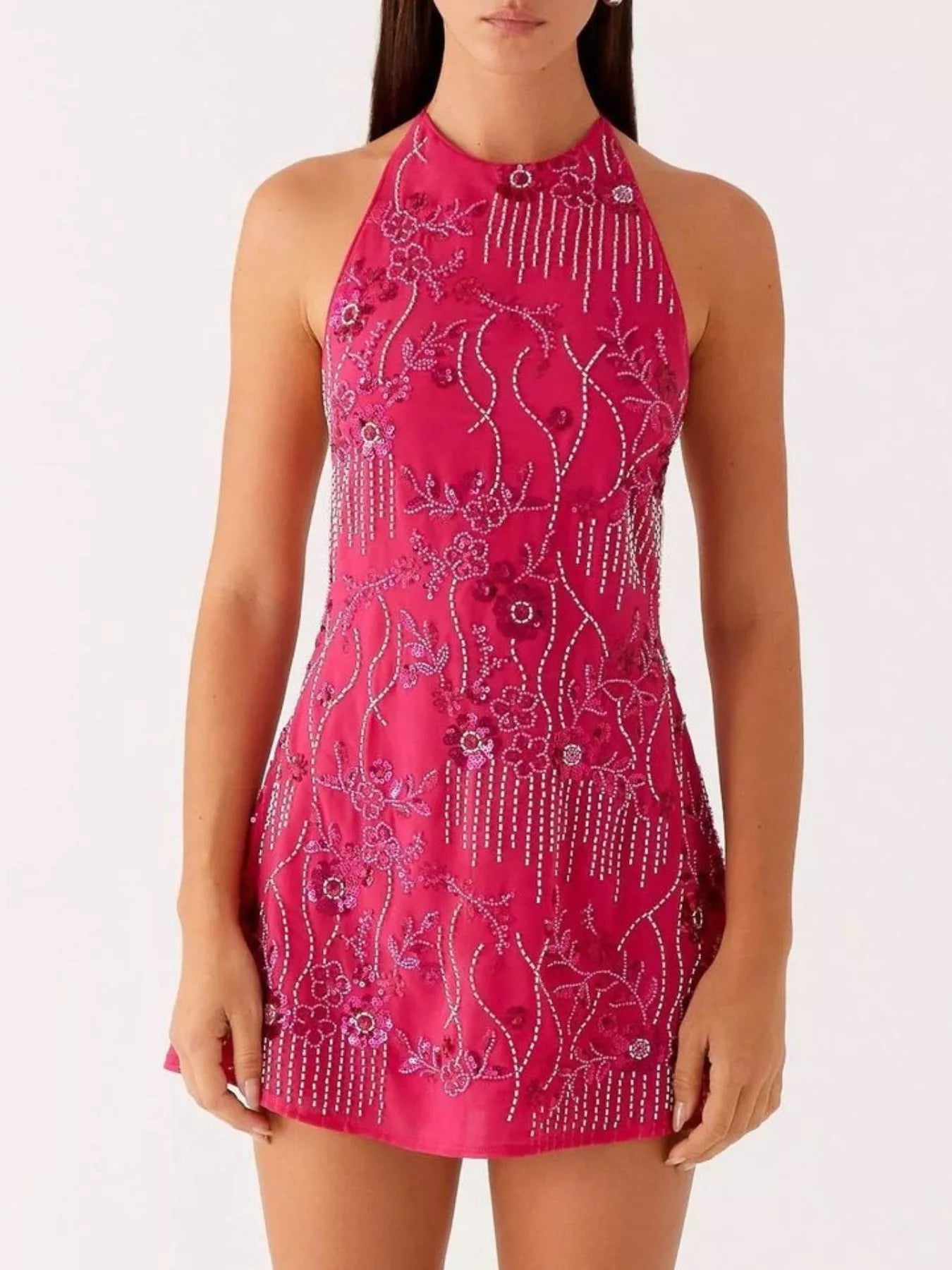 Backless Embroidered Halter Neck Mini Dress - Be Bliss Boutique