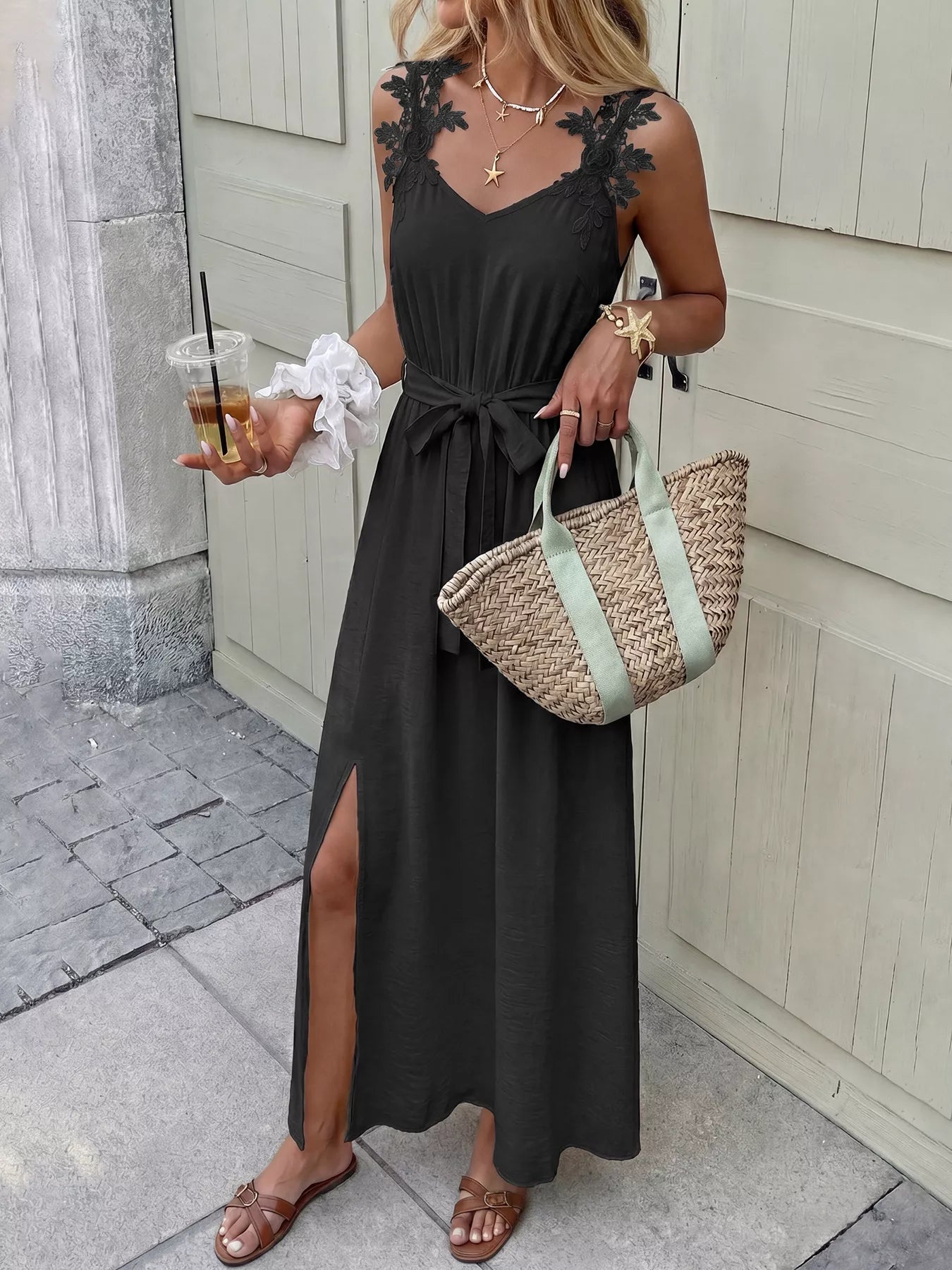 Lace Trim Maxi Dress with Slit - Be Bliss Boutique