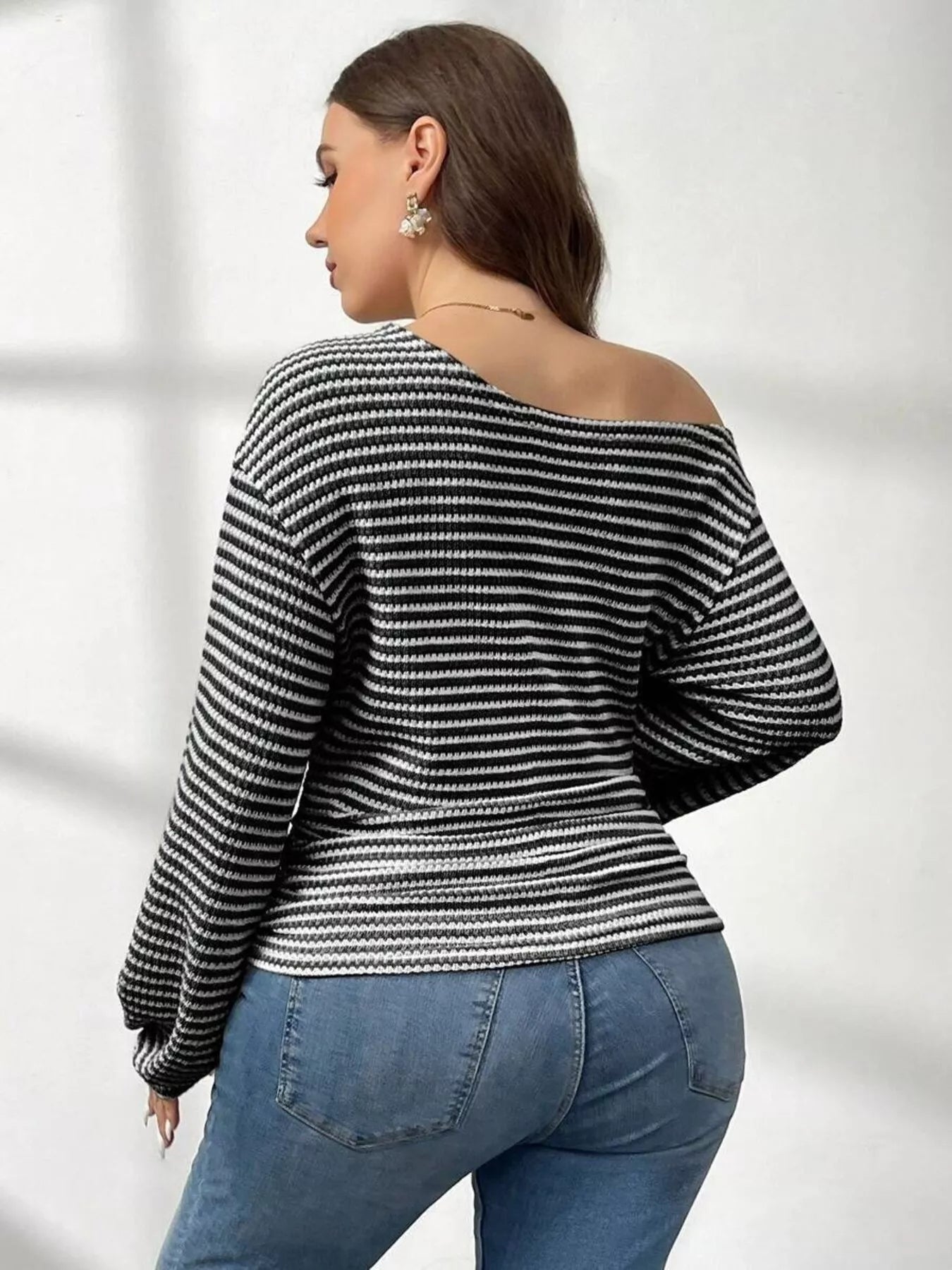 Striped One-Shoulder Plus Size Long Sleeve T Shirt - Be Bliss Boutique