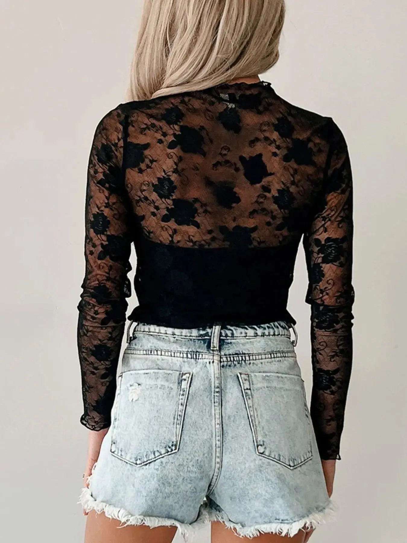Lace Mock Neck Long Sleeve Blouse - Be Bliss Boutique