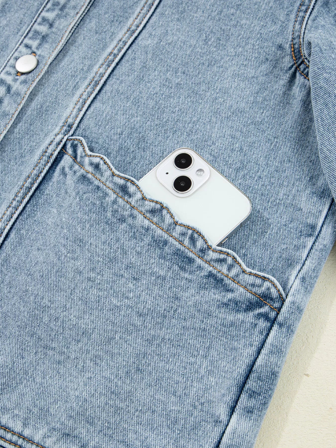 Scallop Trim Collar Patched Pocket Button Up Denim Jacket - Be Bliss Boutique