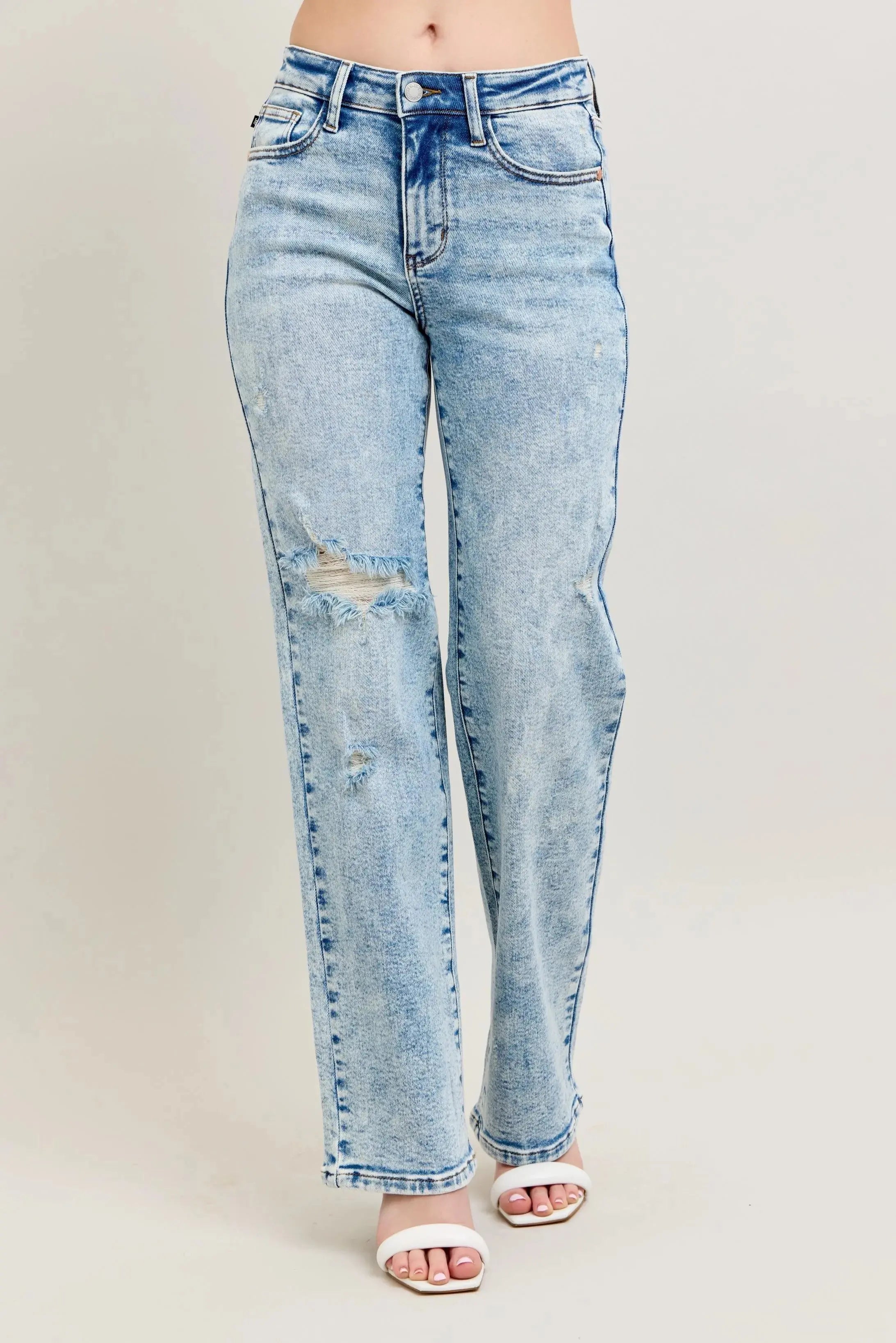 Full Size High Waist Mineral Wash Destroy 90's Straight Leg Judy Blue Jeans - Be Bliss Boutique