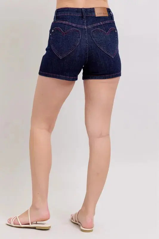 Judy Blue Jeans - Plus Size High Waist Heart Shaped Pockets Denim Shorts with Red Contrast Thread - Be Bliss Boutique