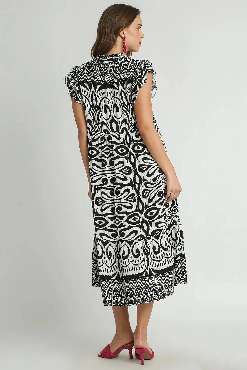 Umgee Two Tone Border Print Ruffle Cap Sleeve Midi Dress – Plus Size - Be Bliss Boutique