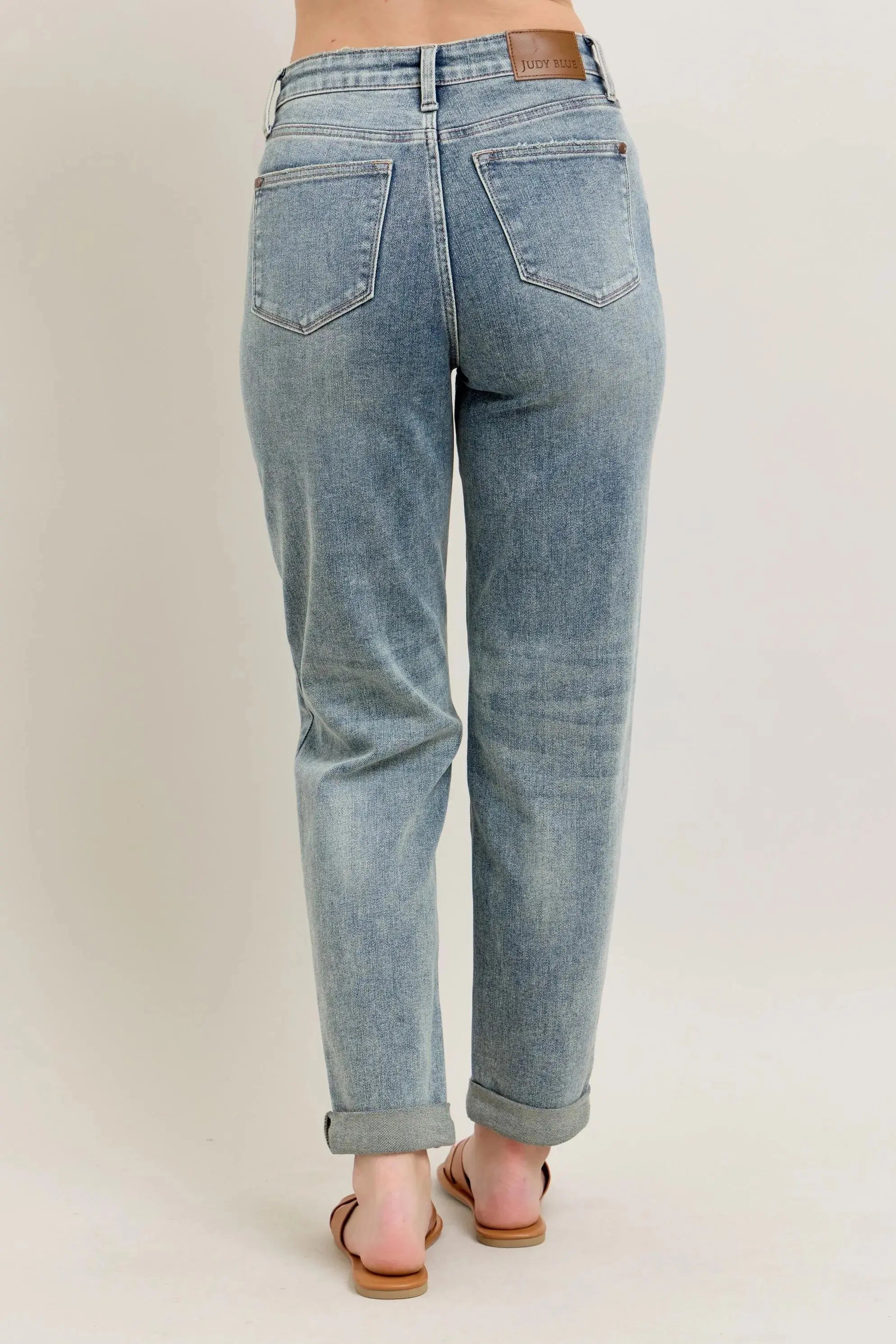 Judy Blue Jeans - Full Size High Waist Vintage Wash Double Roll Cuff Boyfriend Fit - Be Bliss Boutique