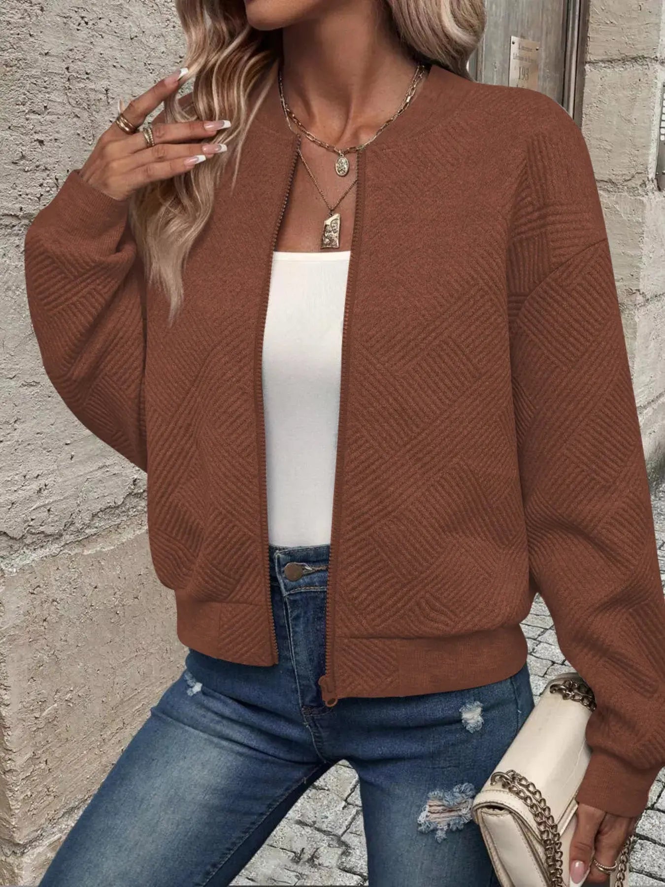 Texture Zip Up Bomber Jacket - Be Bliss Boutique