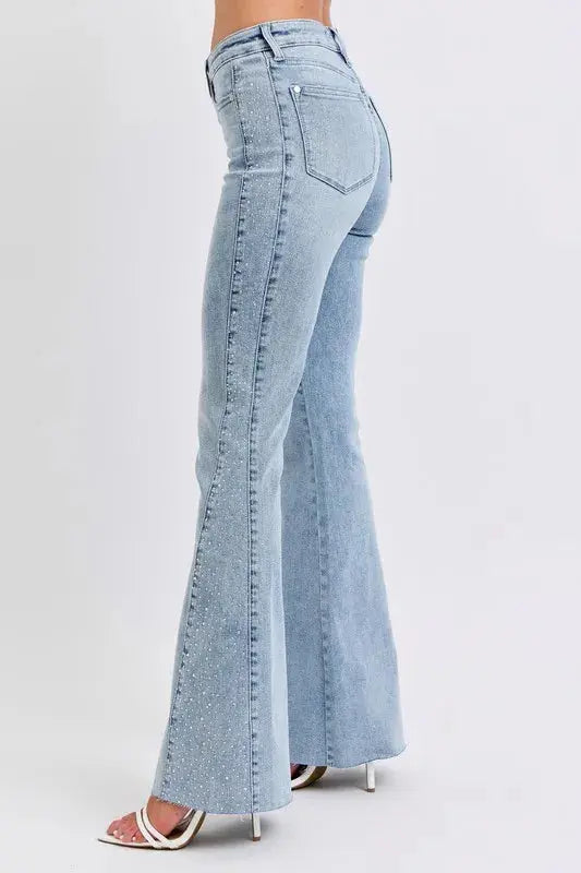Mid Rise Rhinestone Side Panel Flare Judy Blue Jeans - Be Bliss Boutique