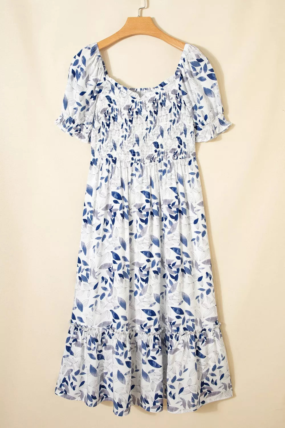 Smocked Bodice Short Puff Sleeve Tiered Floral Midi Dress - Be Bliss Boutique