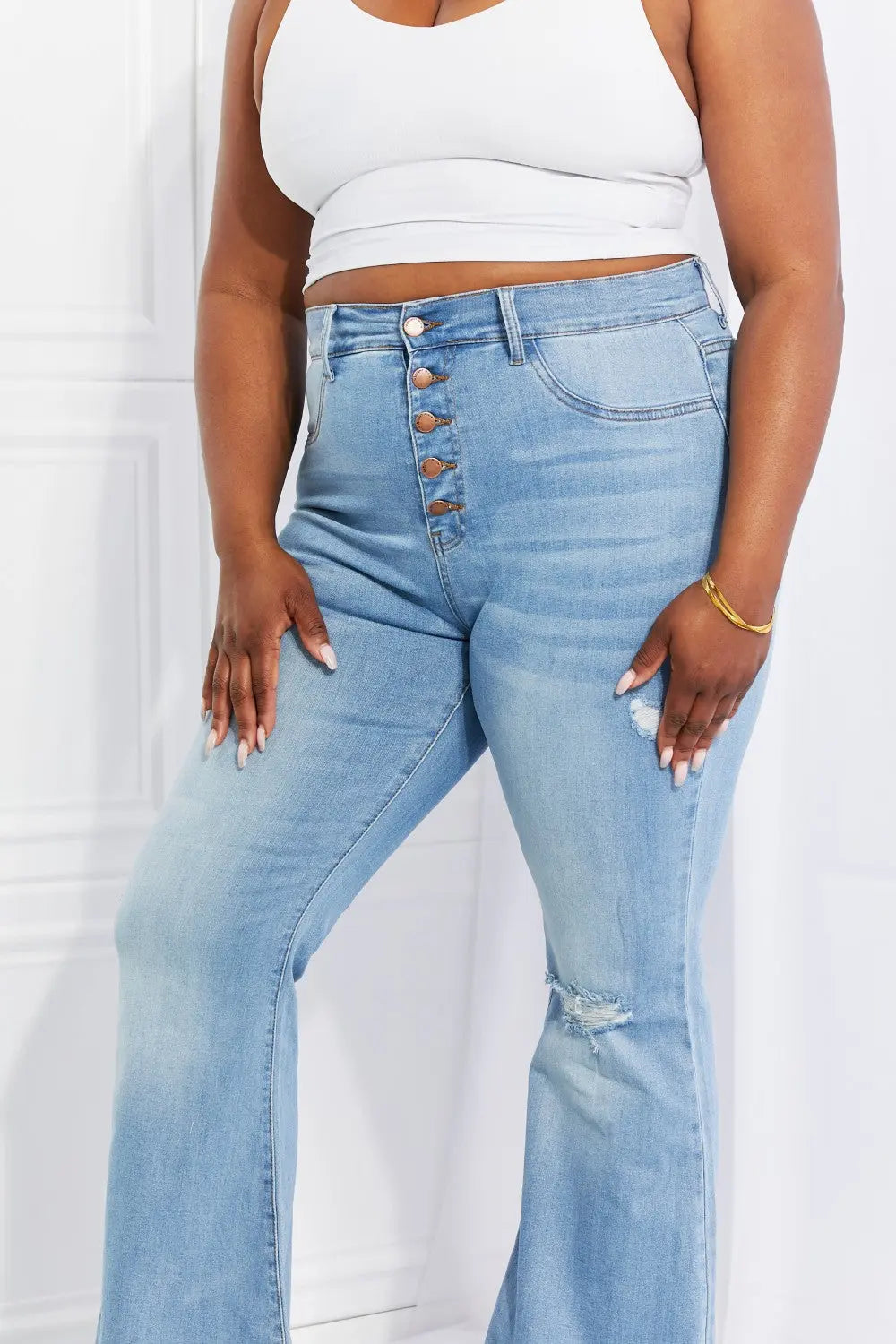 Vibrant MIU Full Size Jess Button Flare Jeans - Be Bliss Boutique