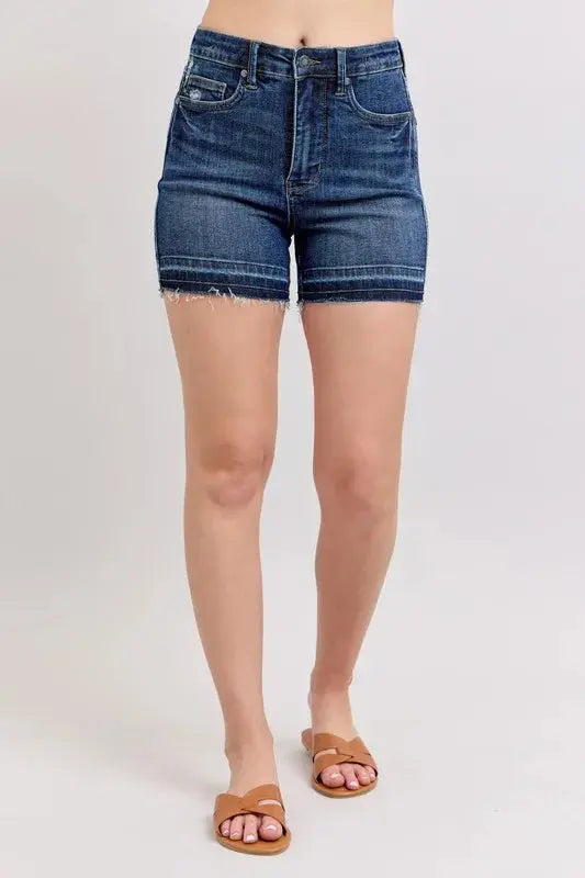 Judy Blue Jeans - Plus Size High Waist Tummy Control Destroy Release Hem Denim Shorts - Be Bliss Boutique