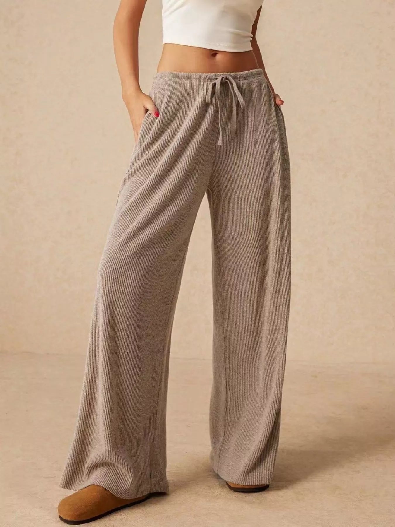 Ribbed Drawstring Wide Leg Pants - Be Bliss Boutique