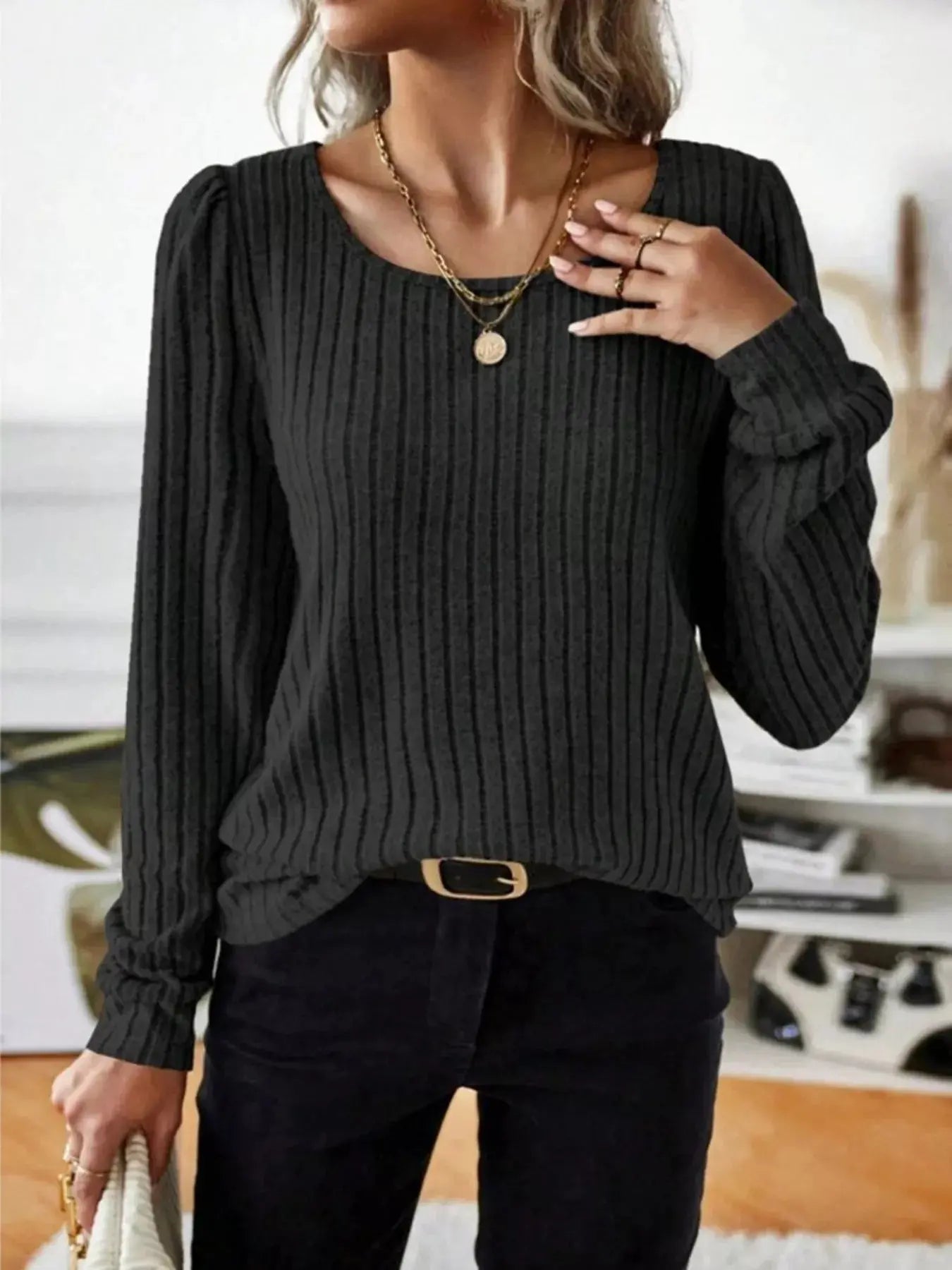 Ribbed Knit Long Sleeve T Shirt - Be Bliss Boutique