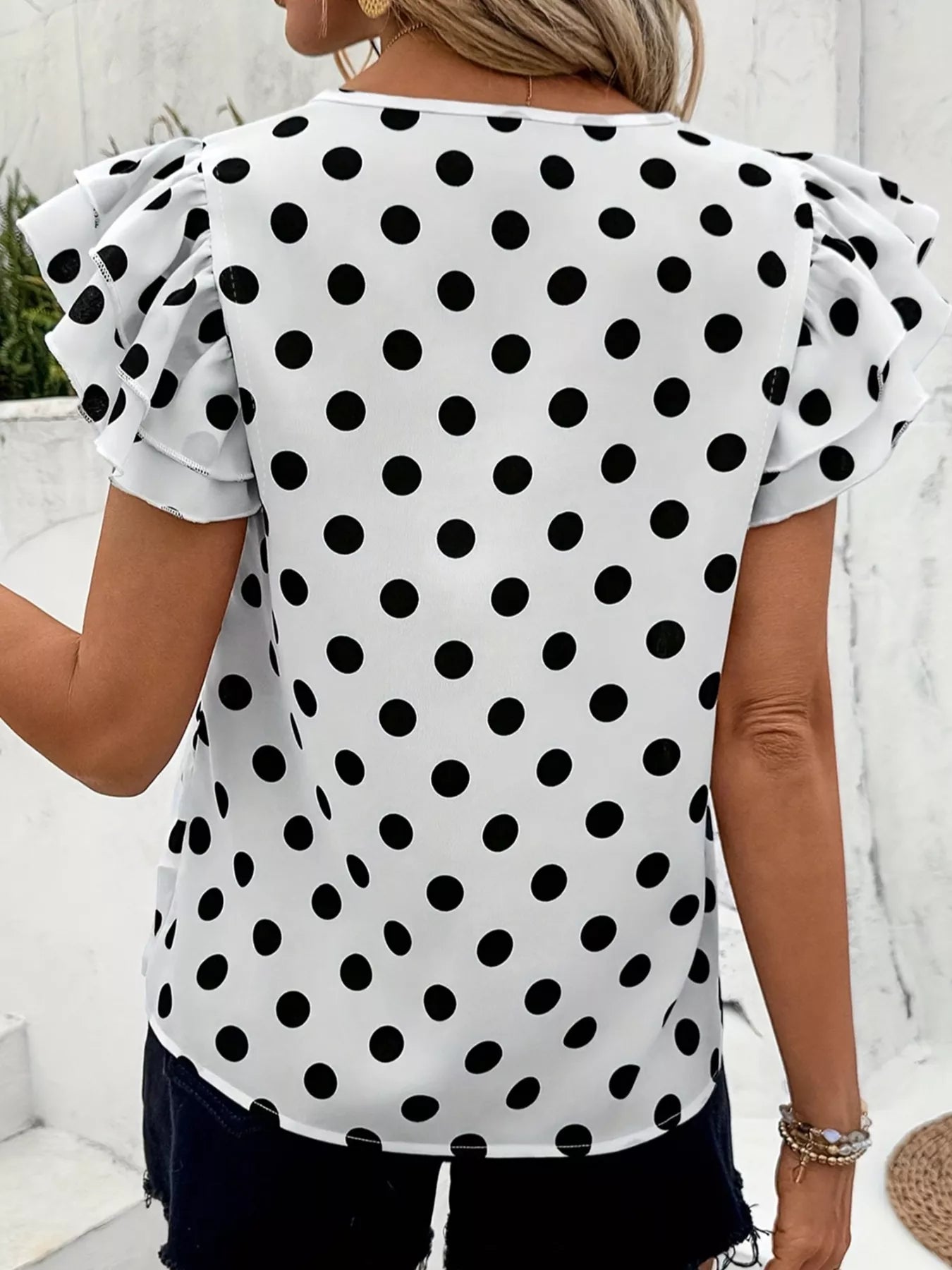 Polka Dot Print Ruffled Short Sleeve Blouse - Be Bliss Boutique