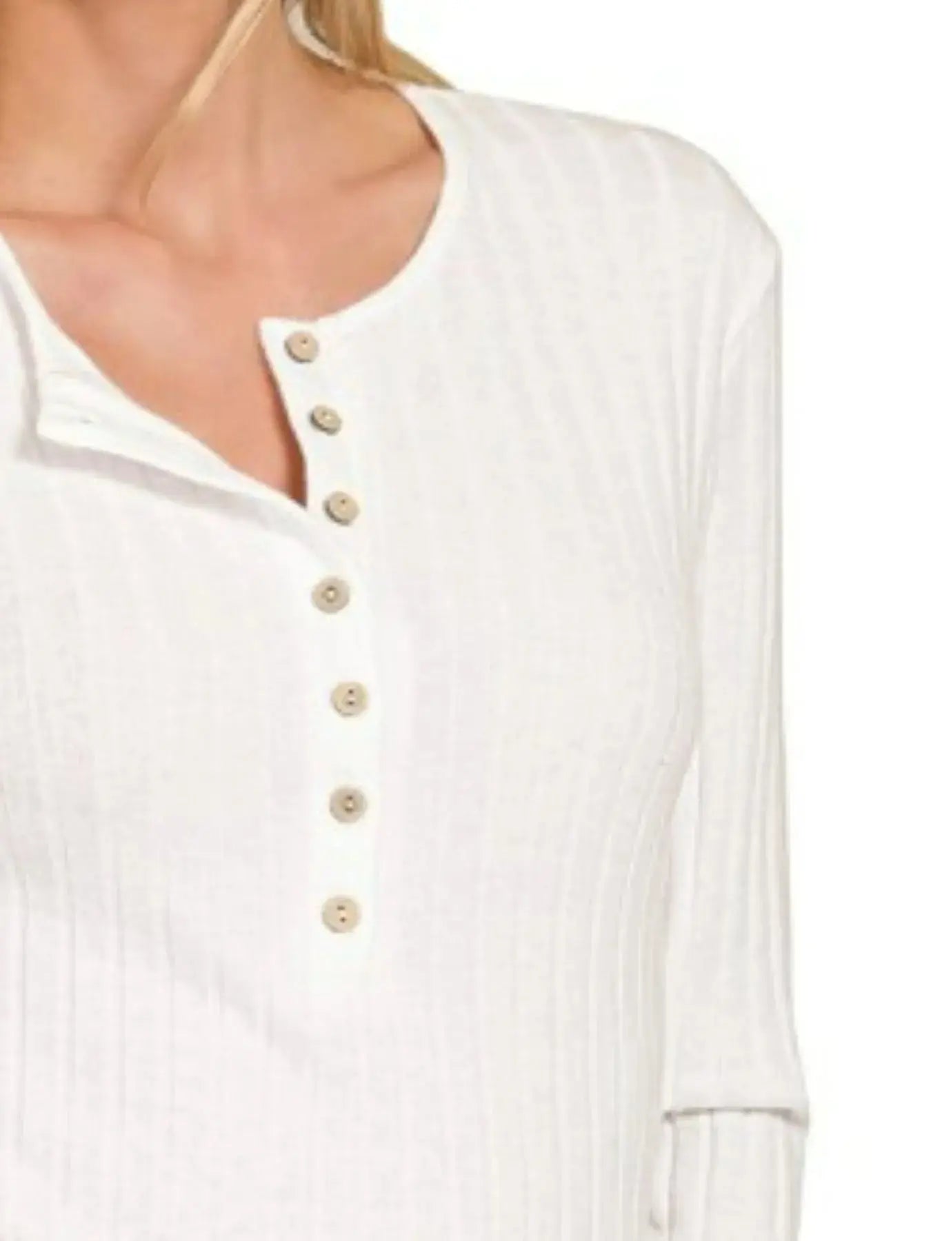 Zenana Off White Ribbed Half Button Long Sleeve Top - Be Bliss Boutique