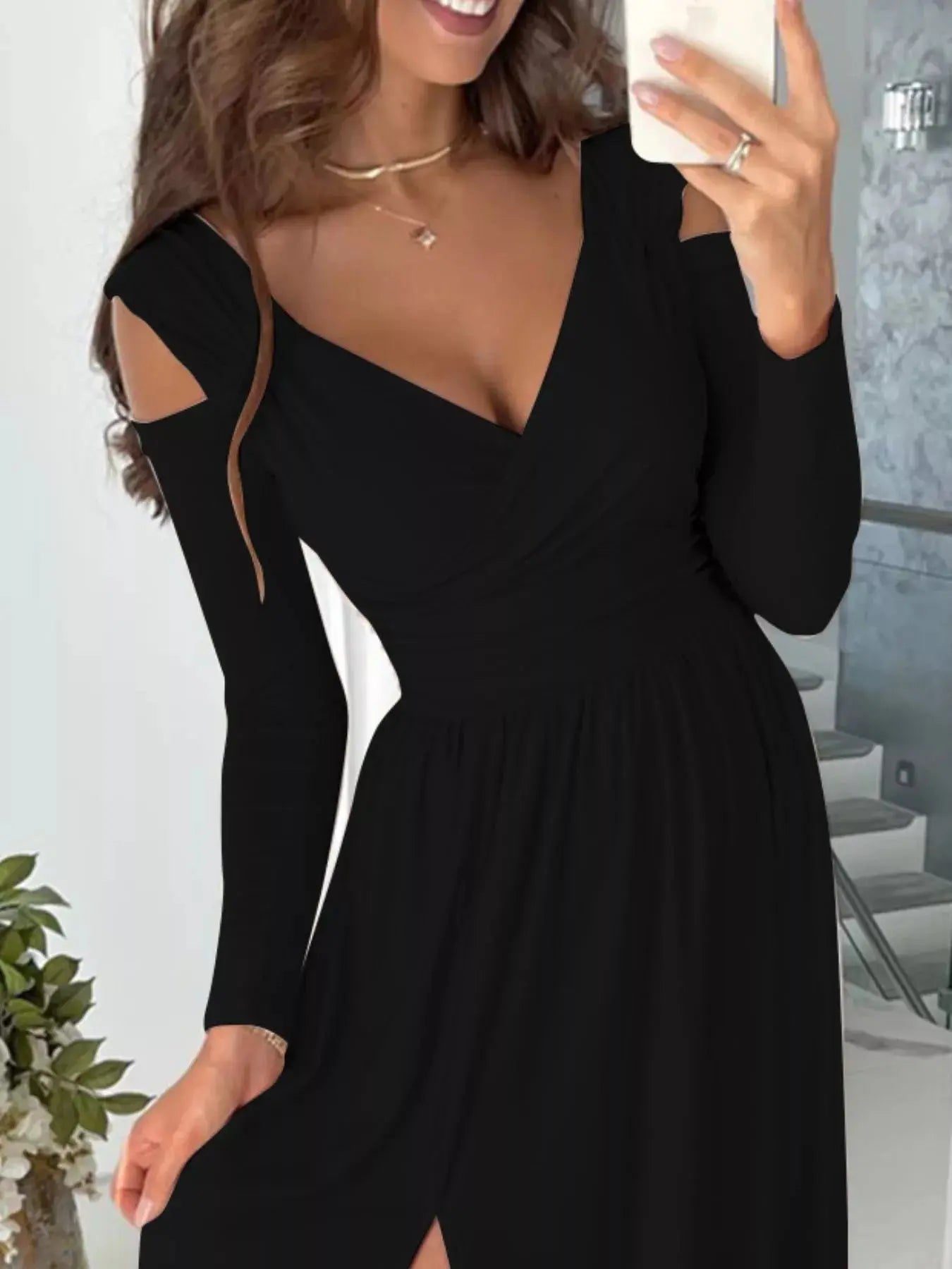 Slit Surplice Cold Shoulder Maxi Dress - Be Bliss Boutique