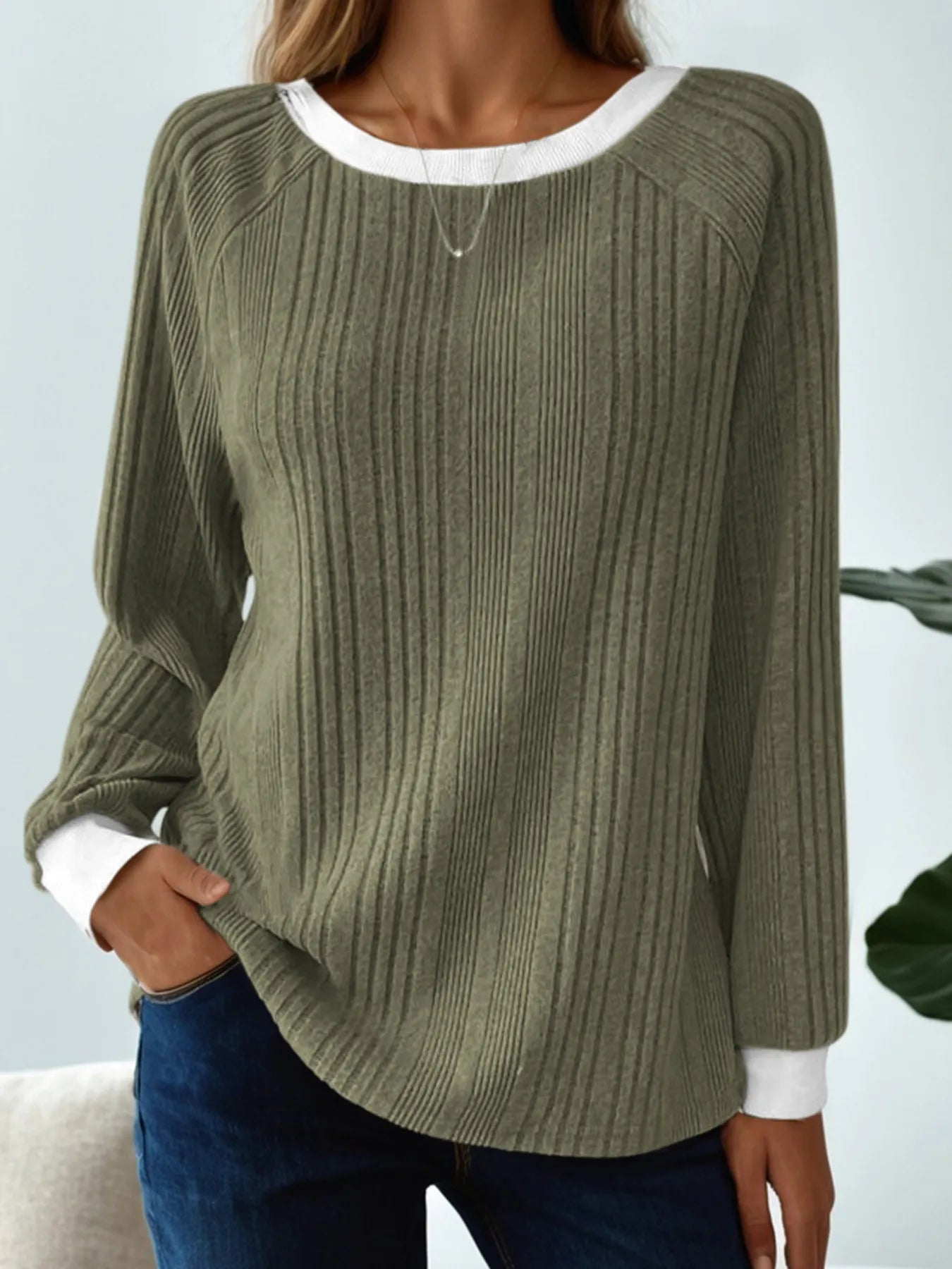 Ribbed Contrast Cuffed Round Neck Long Sleeve T Shirt - Be Bliss Boutique