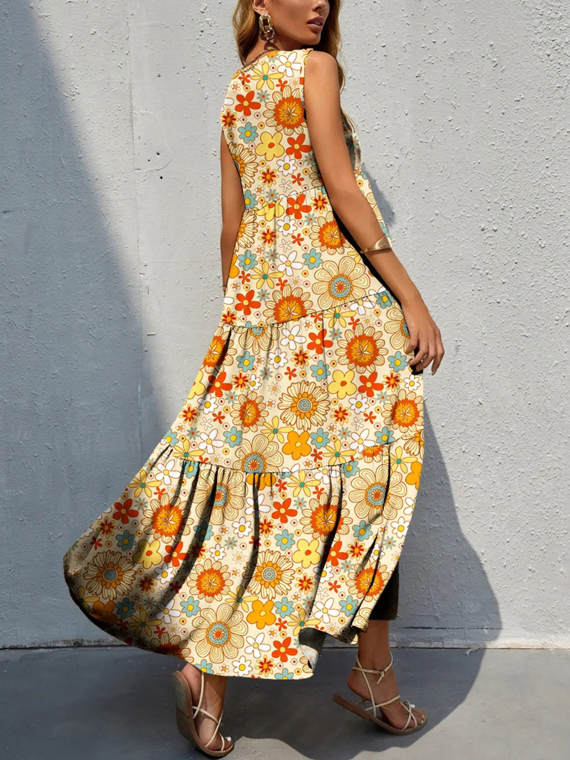 Tiered Printed V-Neck Sleeveless Dress - Be Bliss Boutique