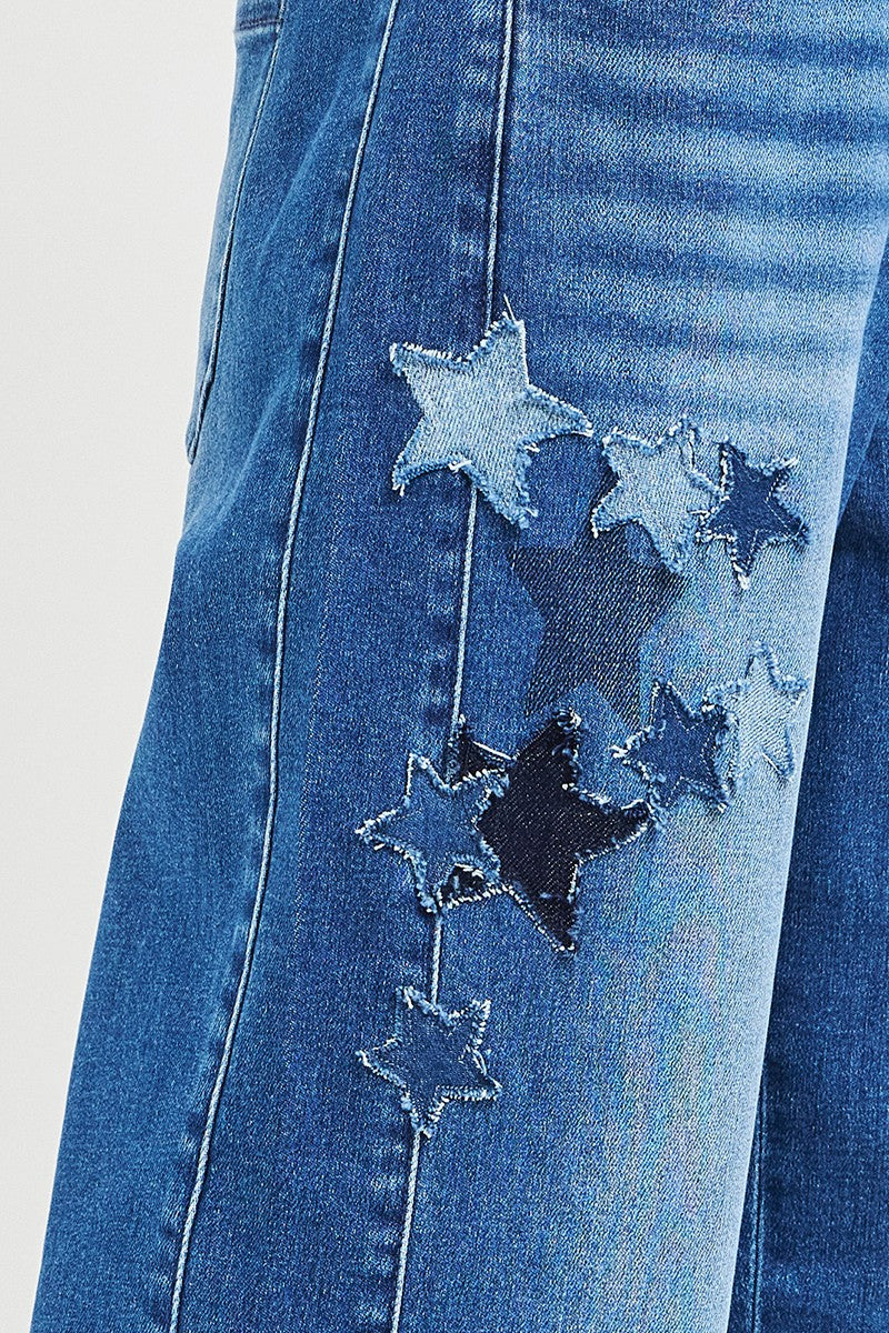 RISEN Elastic Band Slouchy Cropped Barrel Jeans with Star Patch - Be Bliss Boutique