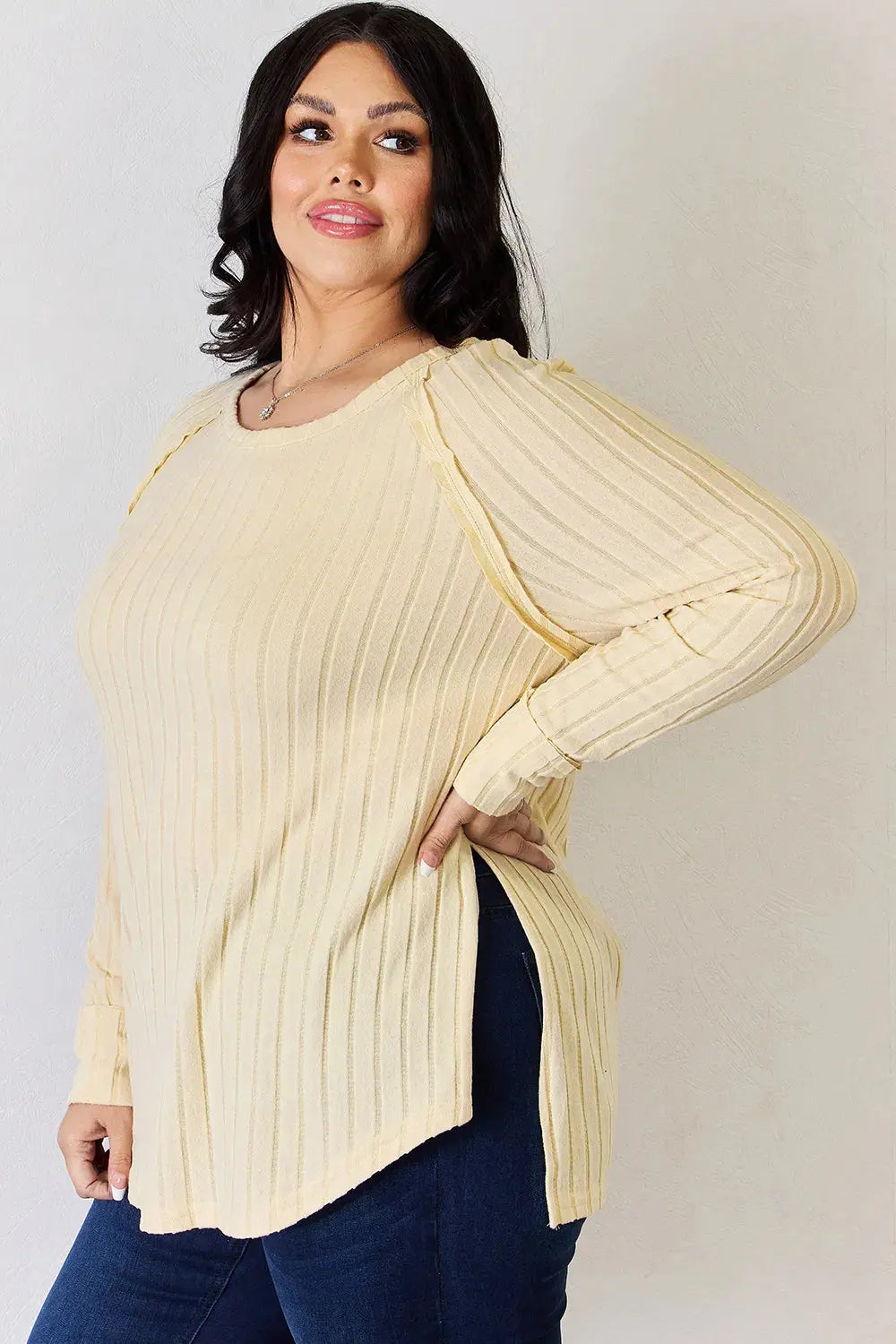 Basic Bae Ribbed Round Neck Slit Womens Long Sleeve T Shirt – Full & Plus Size - Be Bliss Boutique