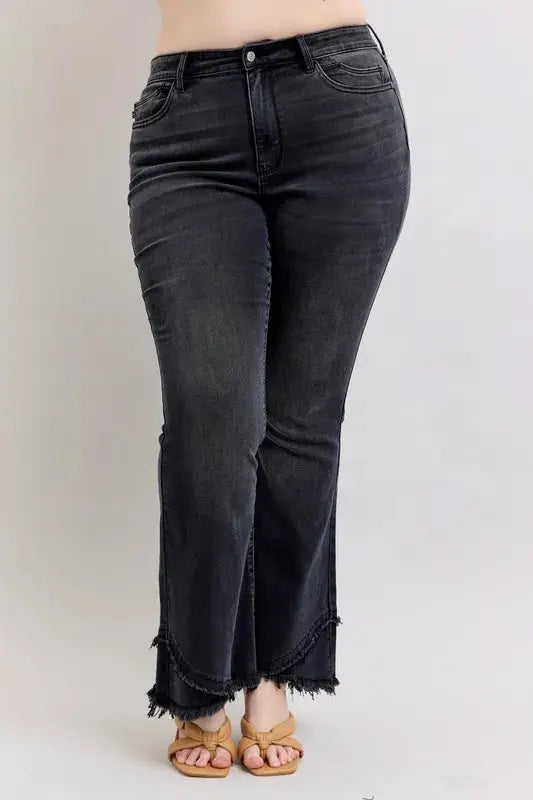 Judy Blue Full Size/Plus Size High Waist Flare w/ Mock Fray Tulip Hem - Be Bliss Boutique