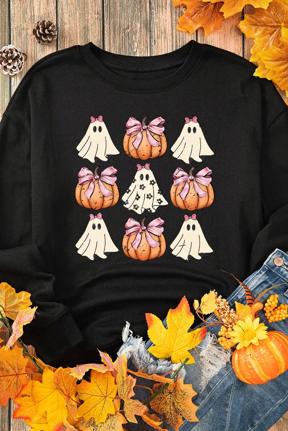 Black Pumpkin & Ghost Round Neck Long Sleeve Halloween Sweatshirt - Be Bliss Boutique