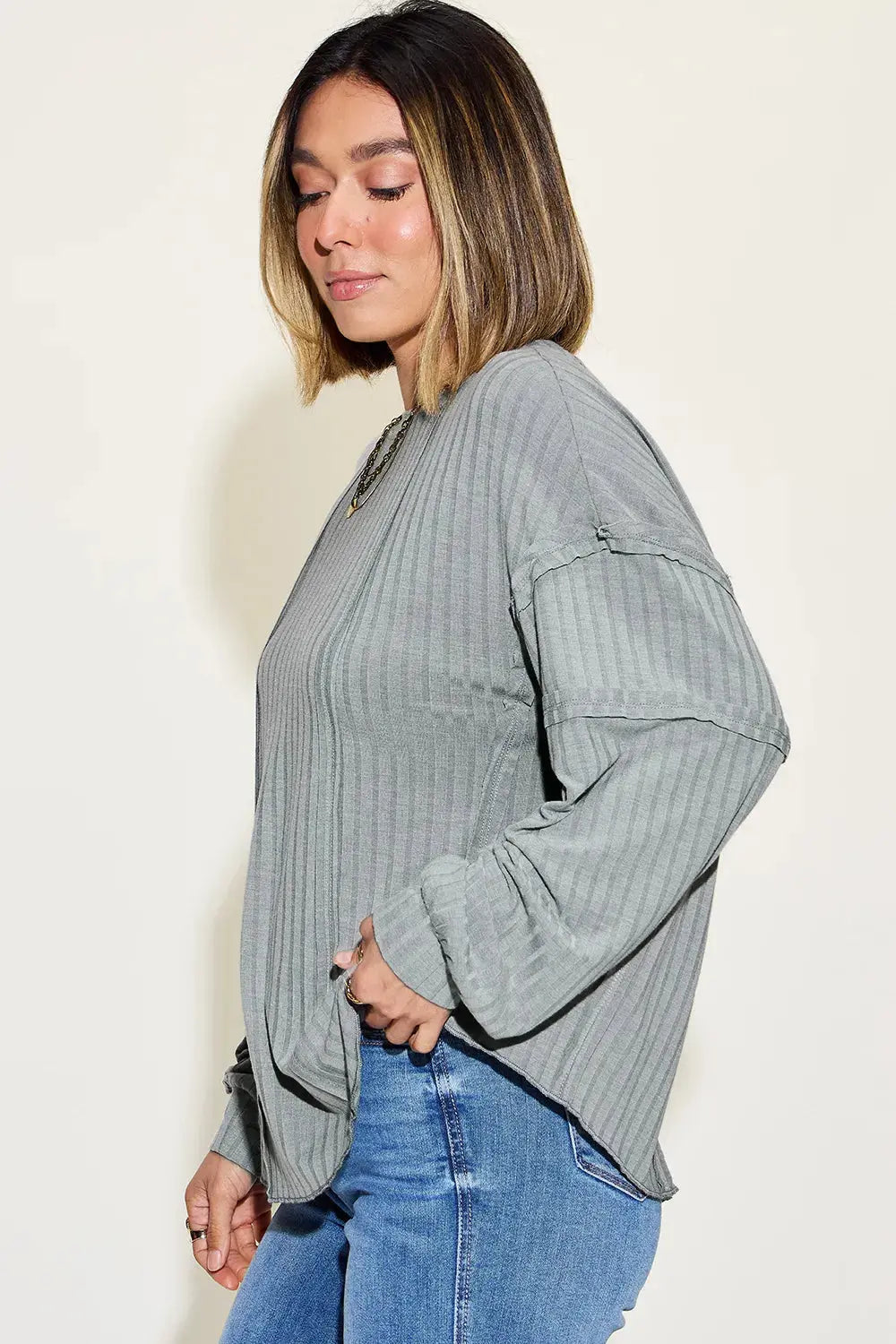 Basic Bae Full Size Round Neck Ribbed Long Sleeve T Shirt - Be Bliss Boutique