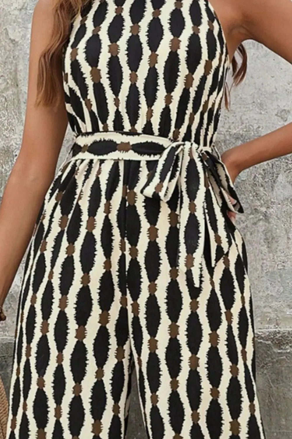 Tied Printed Grecian Neck Jumpsuit - Be Bliss Boutique