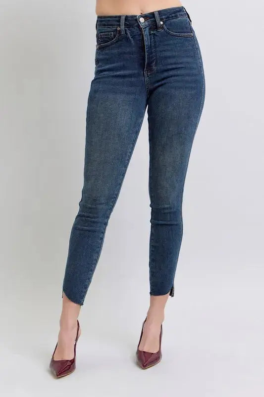 Full Size High Waist Tummy Control Step Hem Skinny Judy Blue Jeans - Be Bliss Boutique