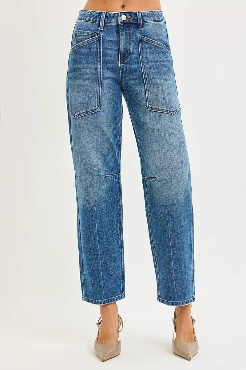 RISEN Jeans - 4 Way Stretch Mid Rise Barrel Jeans with Patch Pocket Detail - Be Bliss Boutique