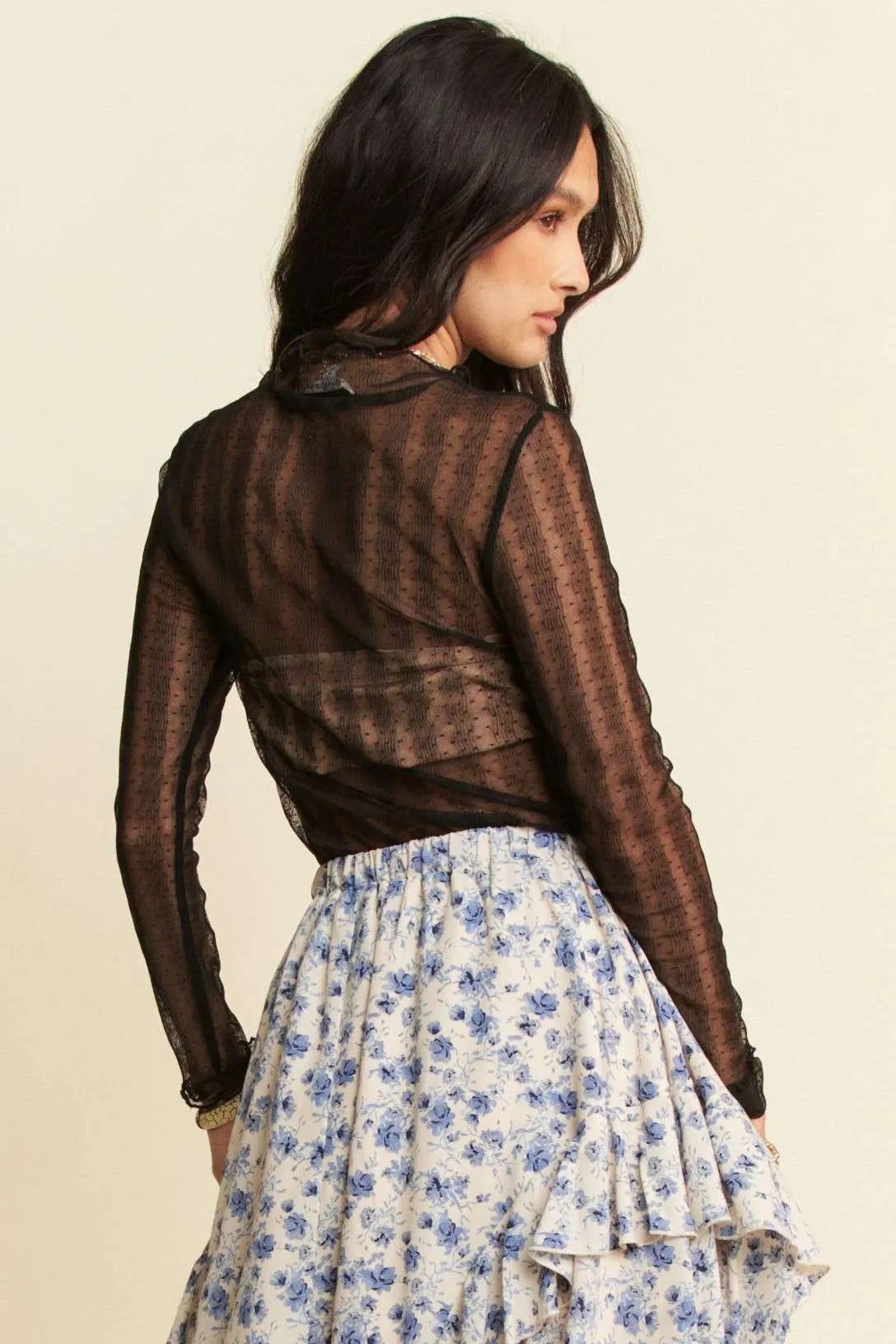 Davi & Dani Black Long Sleeve Lace Turtleneck Sheer Mesh Top - Be Bliss Boutique