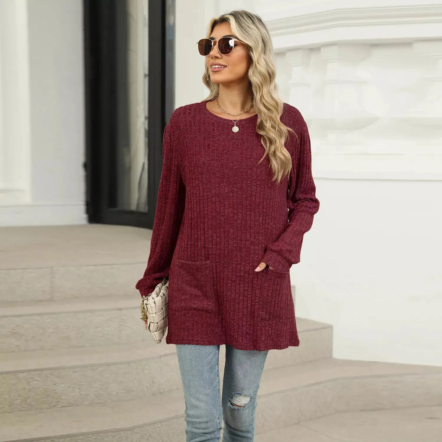 Cozy Ribbed Knit Long Sleeve Tunic Top with Pockets - Be Bliss Boutique