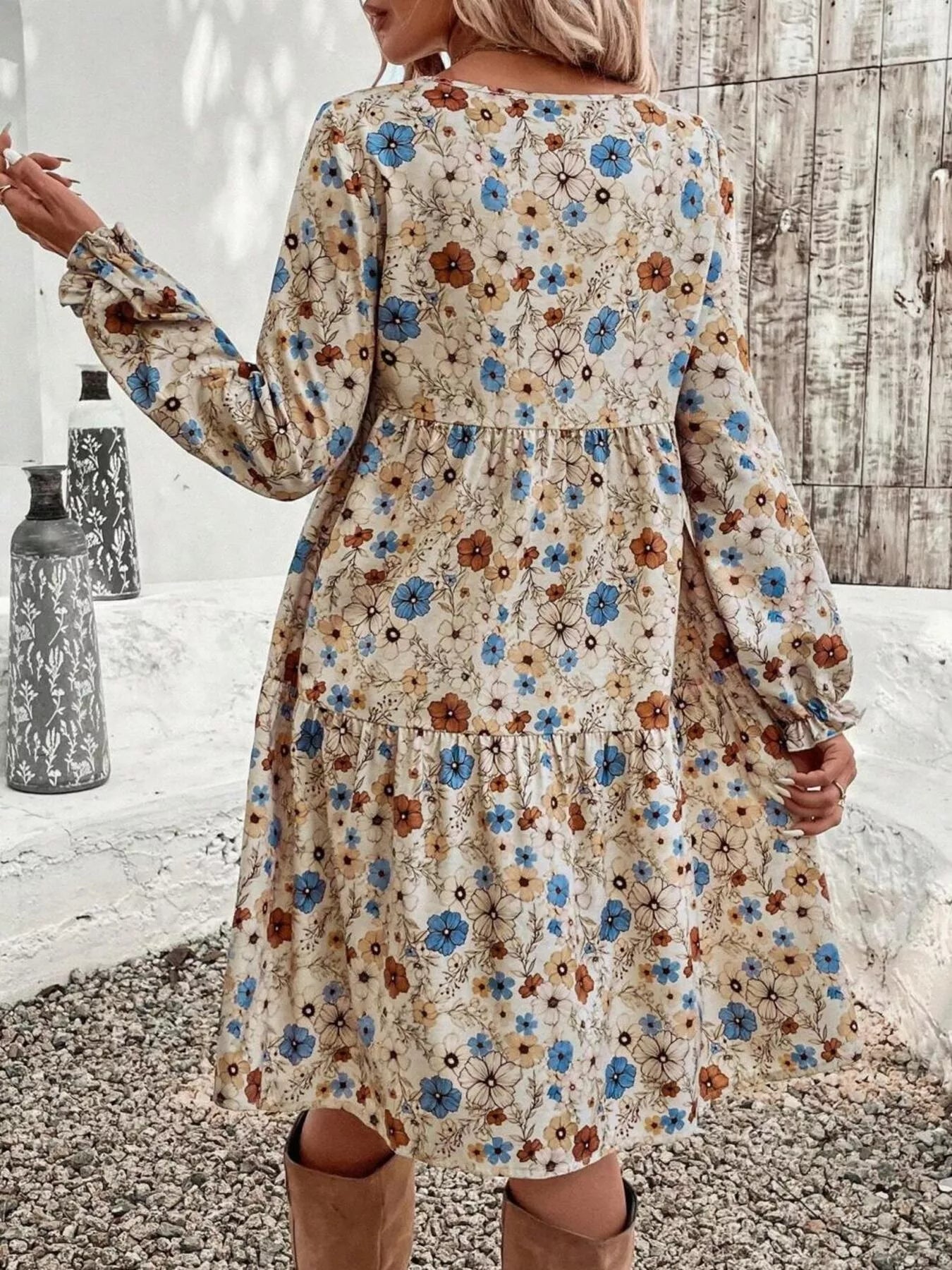 Floral Print Long Sleeve Tiered Dress -  Be Bliss Boutique