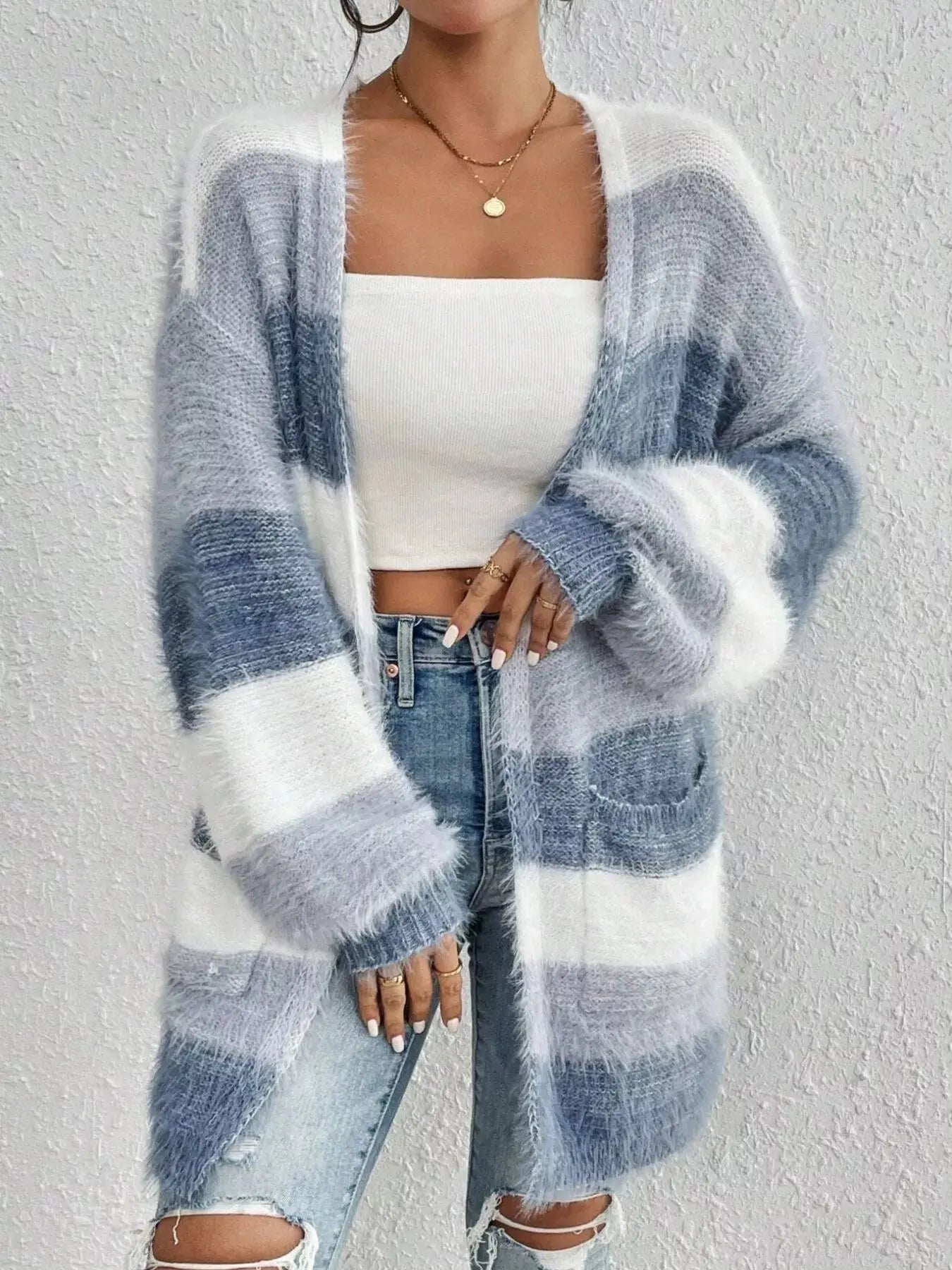 Striped Fuzzy Knit Open Front Cardigan - Be Bliss Boutique