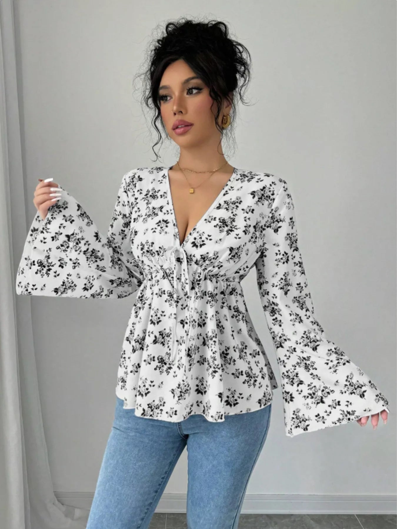 Floral Print V-Neck Long Sleeve Blouse - Be Bliss Boutique