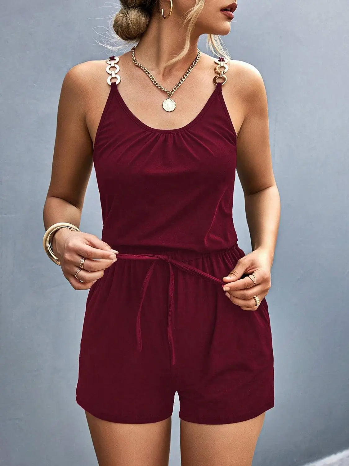 Pocketed Buckle Trim Scoop Neck Romper - Be Bliss Boutique