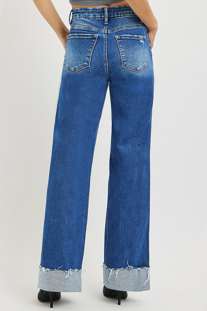 RISEN High Rise Wide Leg Jeans with Cuffed Hem - Be Bliss Boutique