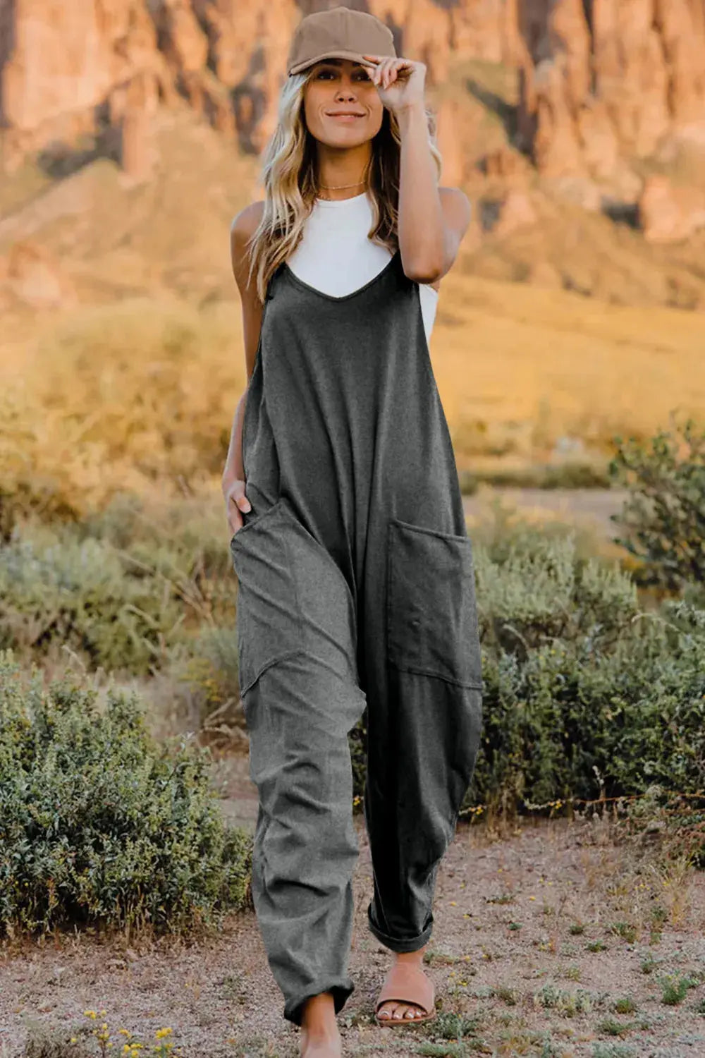 Double Take Full Size V-Neck Sleeveless Jumpsuit with Pockets - Be Bliss Boutique