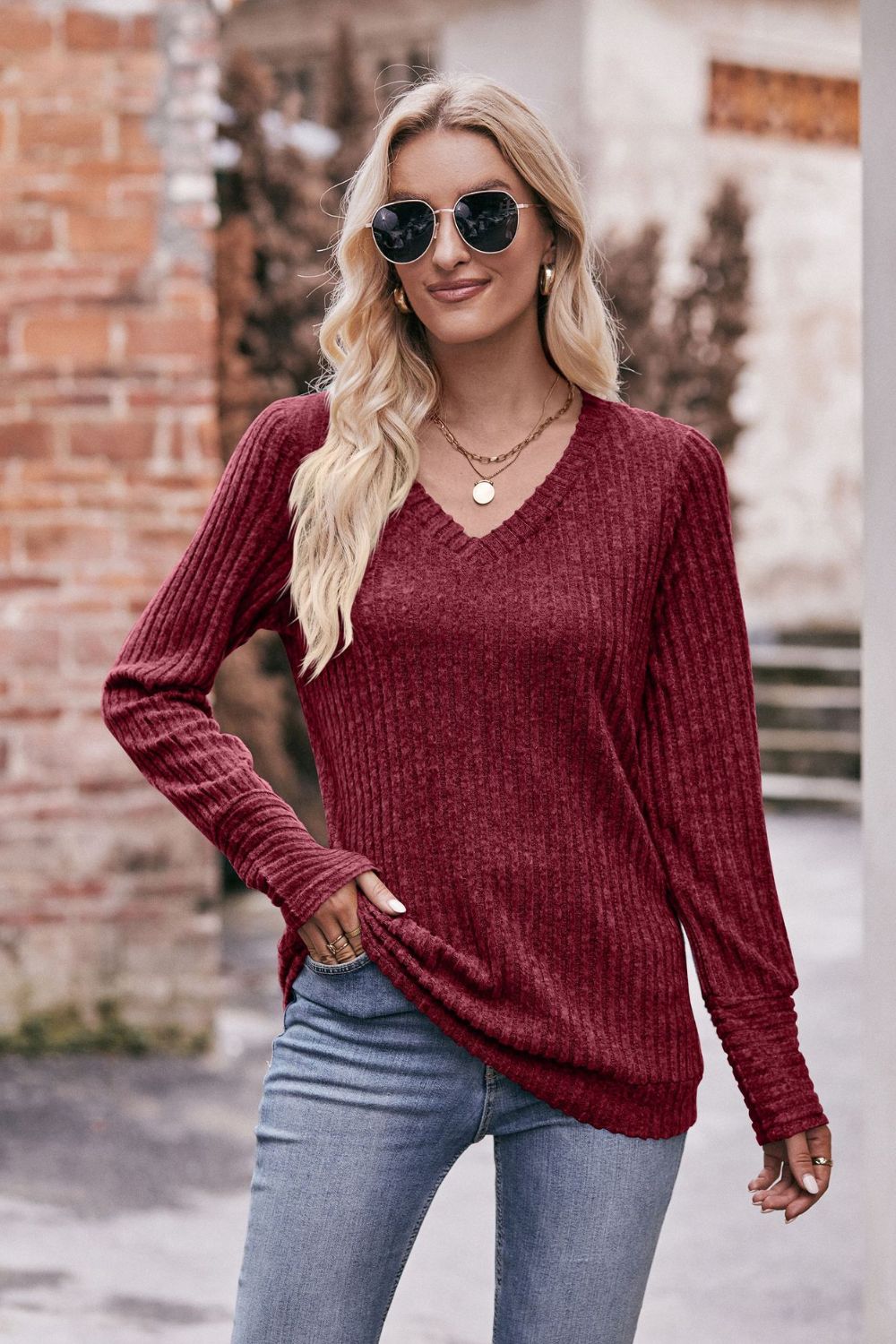 Mandy V-Neck Long Sleeve Ribbed Top - Be Bliss Boutique