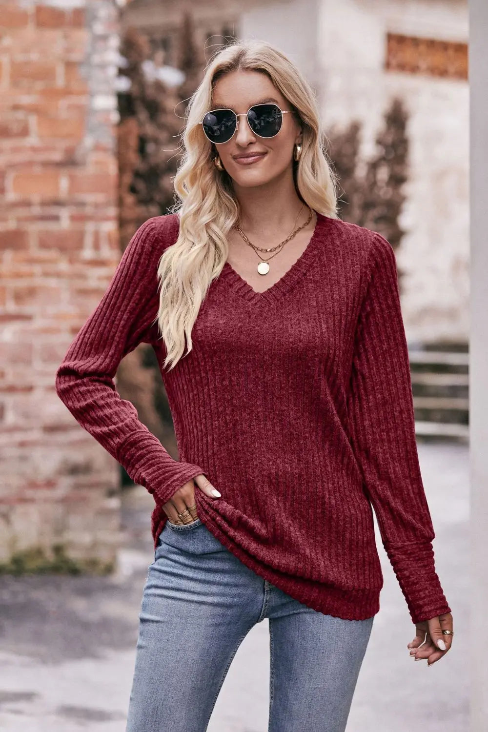 Mandy V Neck Long Sleeve Ribbed Top - Be Bliss Boutique