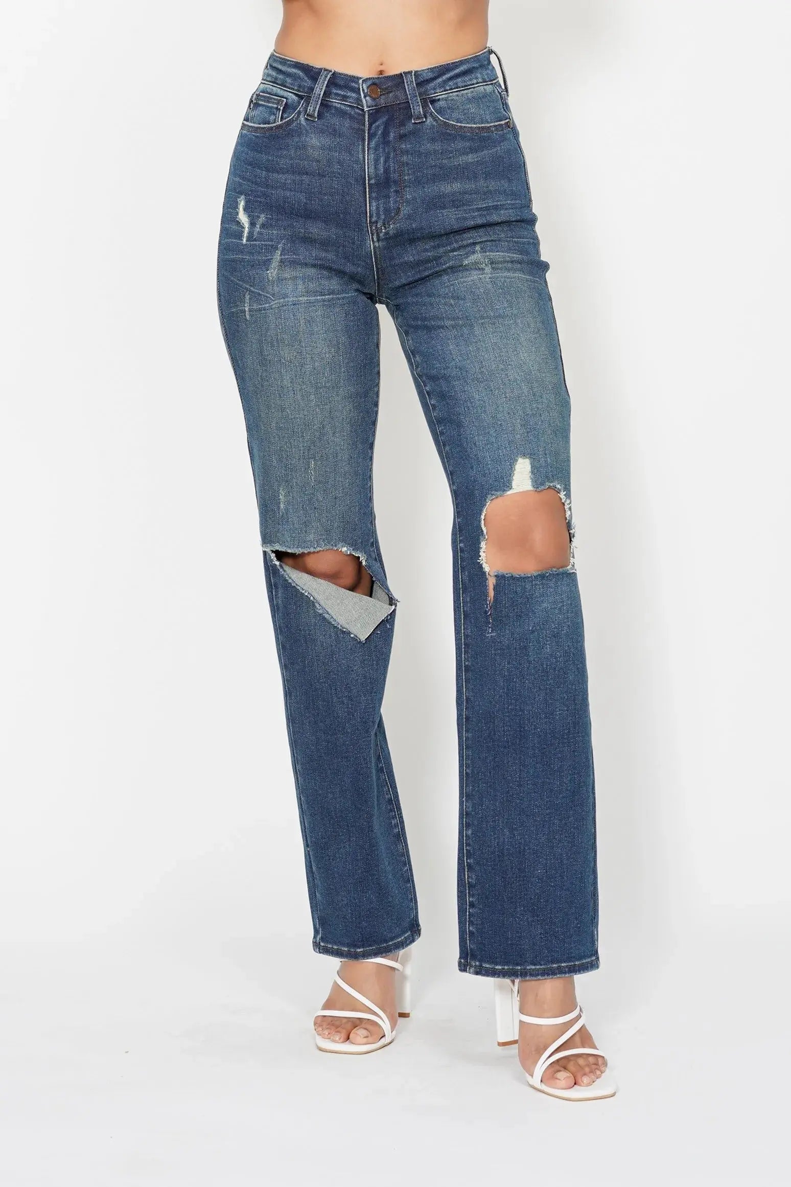 Full Size High Waist Ripped Knee Straight Leg Dad Judy Blue Jeans - Be Bliss Boutique