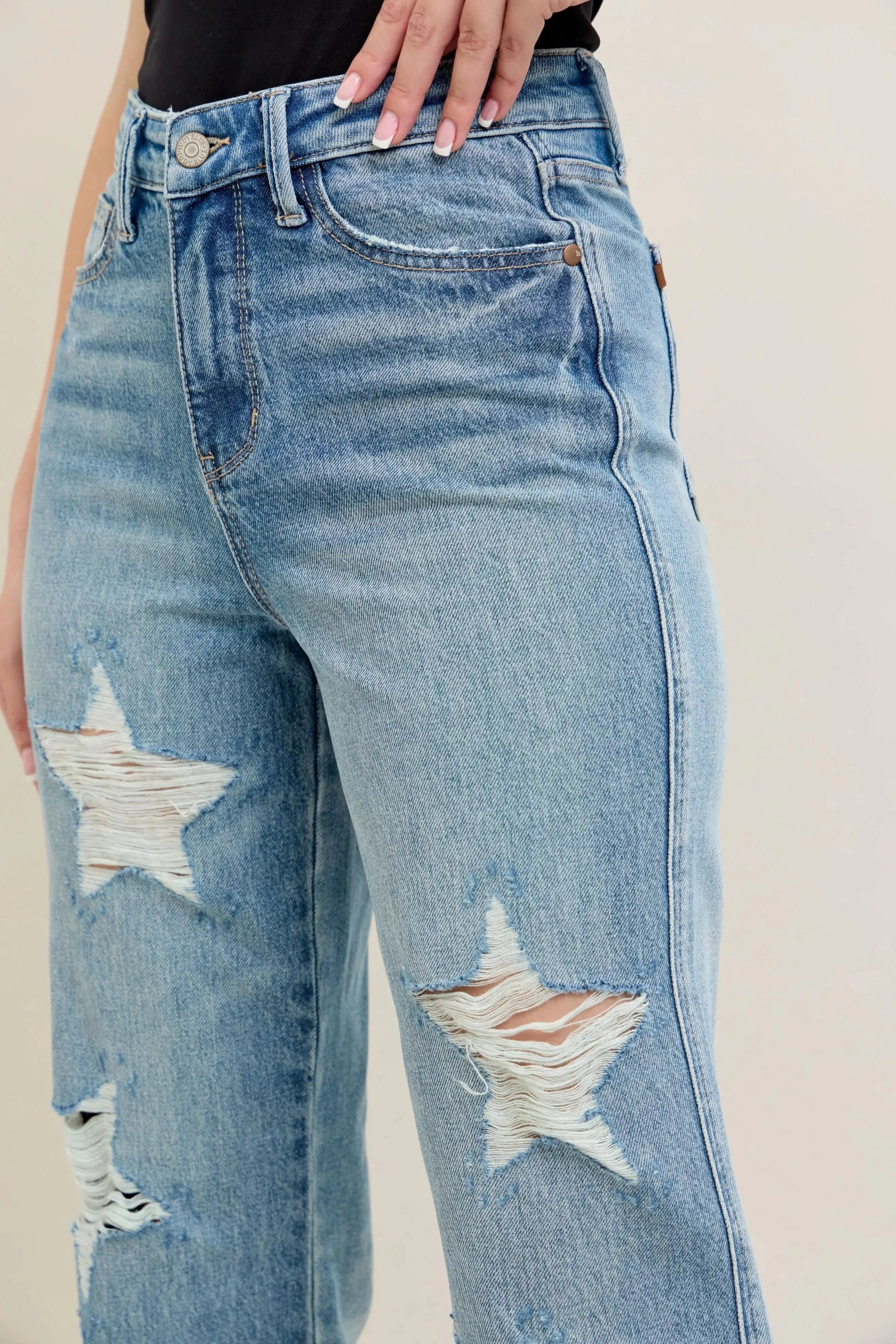 Judy Blue Full Size High Waist Rigid 90's Straight Jeans with Magic Star Shaped Destroy - Be Bliss Boutique