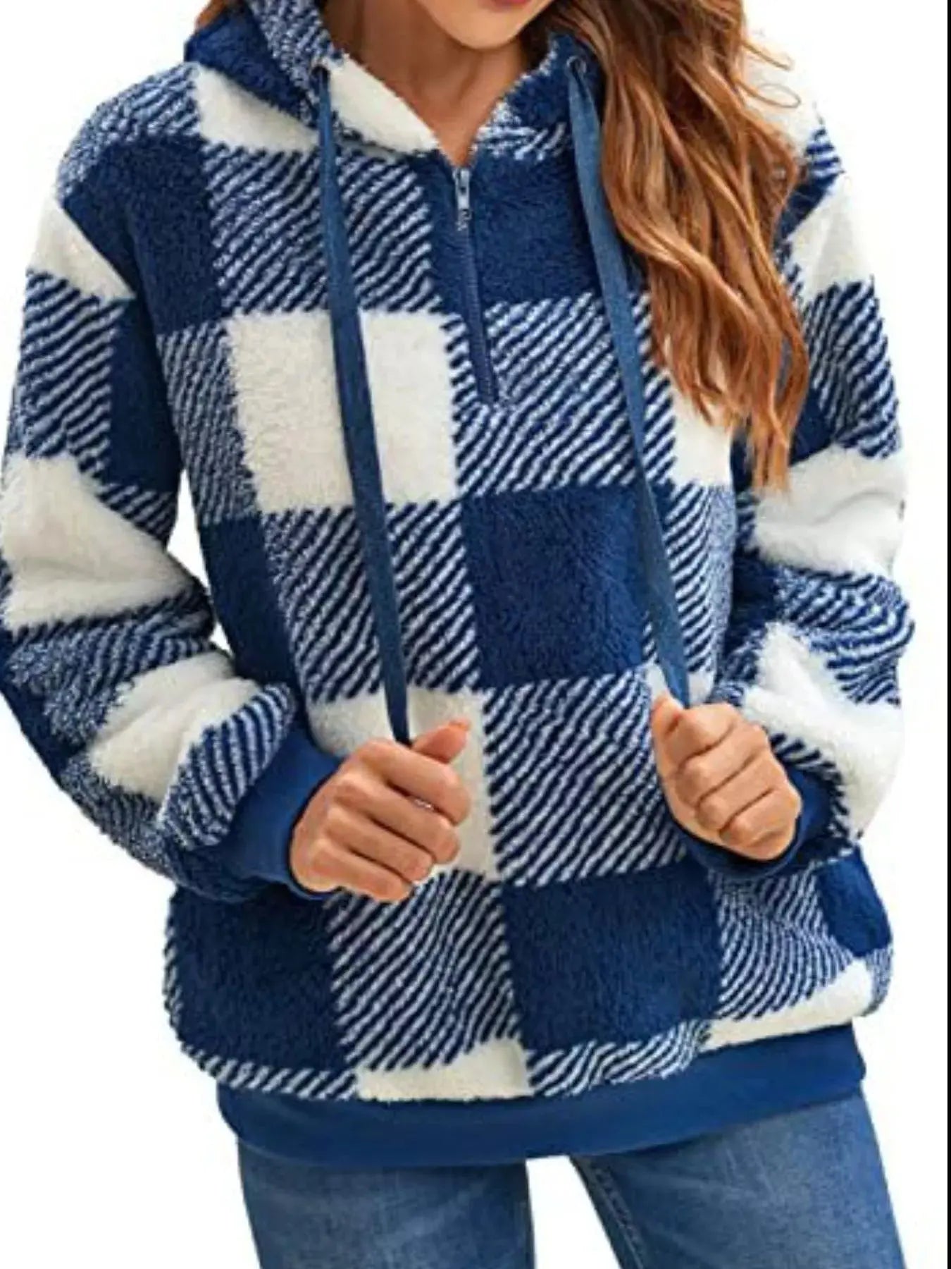 Plus Size Plaid Drawstring Sherpa Hoodie - Be Bliss Boutique