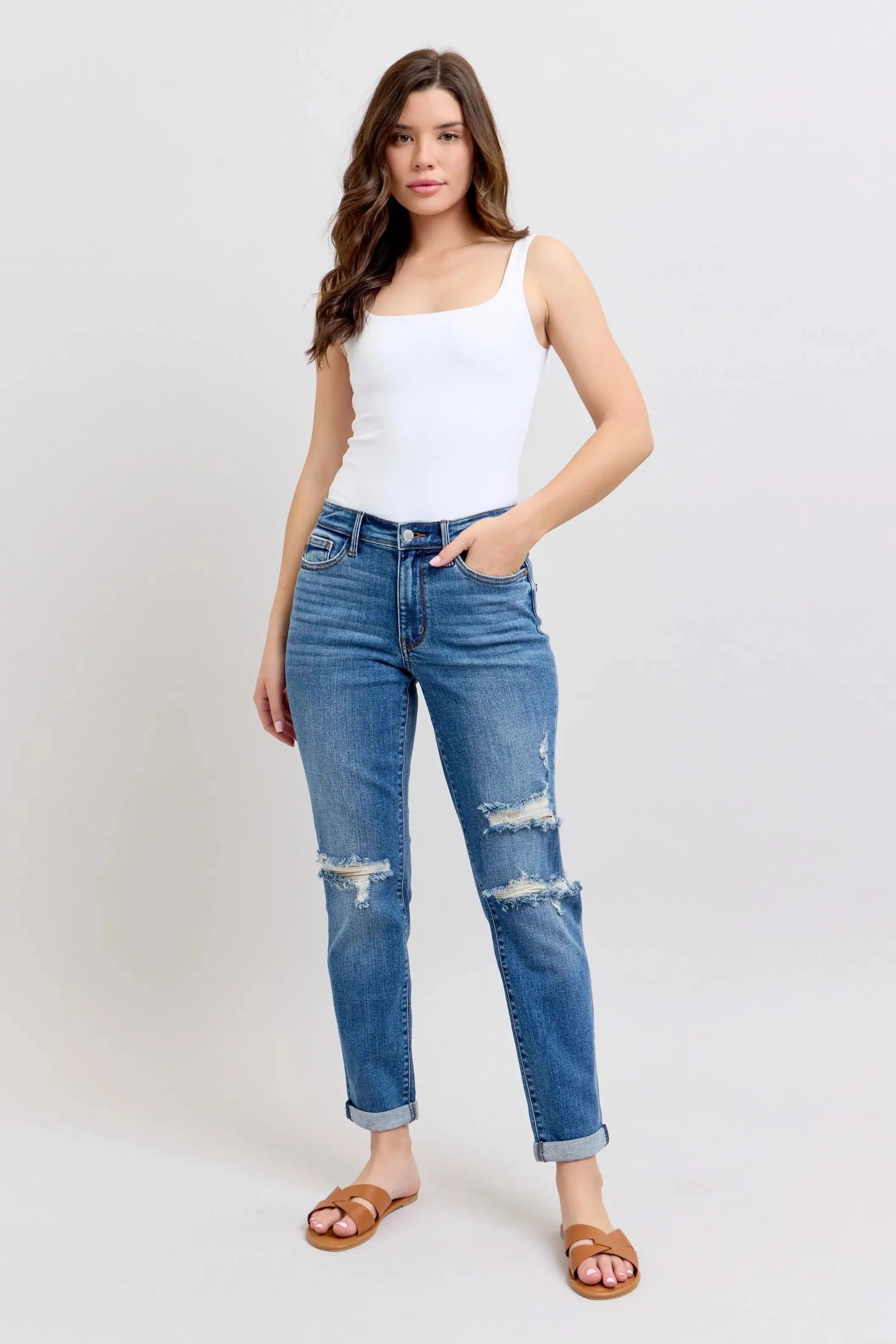 Full Size Mr Vintage Wash Boyfriend Fit w/ Destroy Judy Blue Jeans - Be Bliss Boutique