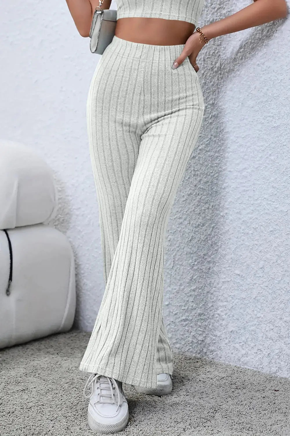 Basic Bae Full Size Ribbed High Waist Flare Pants - Be Bliss Boutique