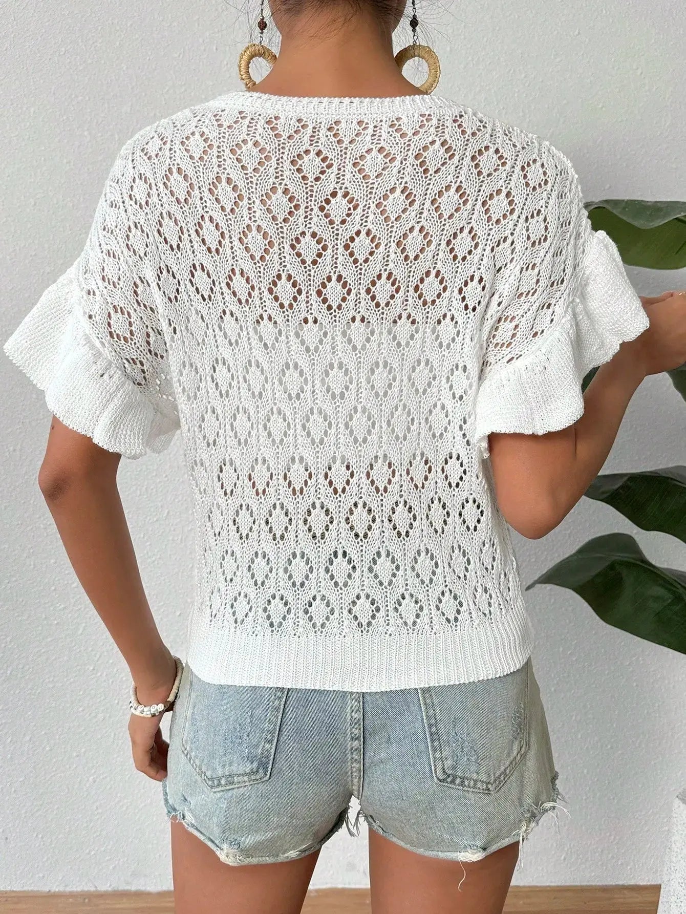 Ruffled Openwork Knit Short Sleeve Top – Sheer Lightweight Layer - Be Bliss Boutique