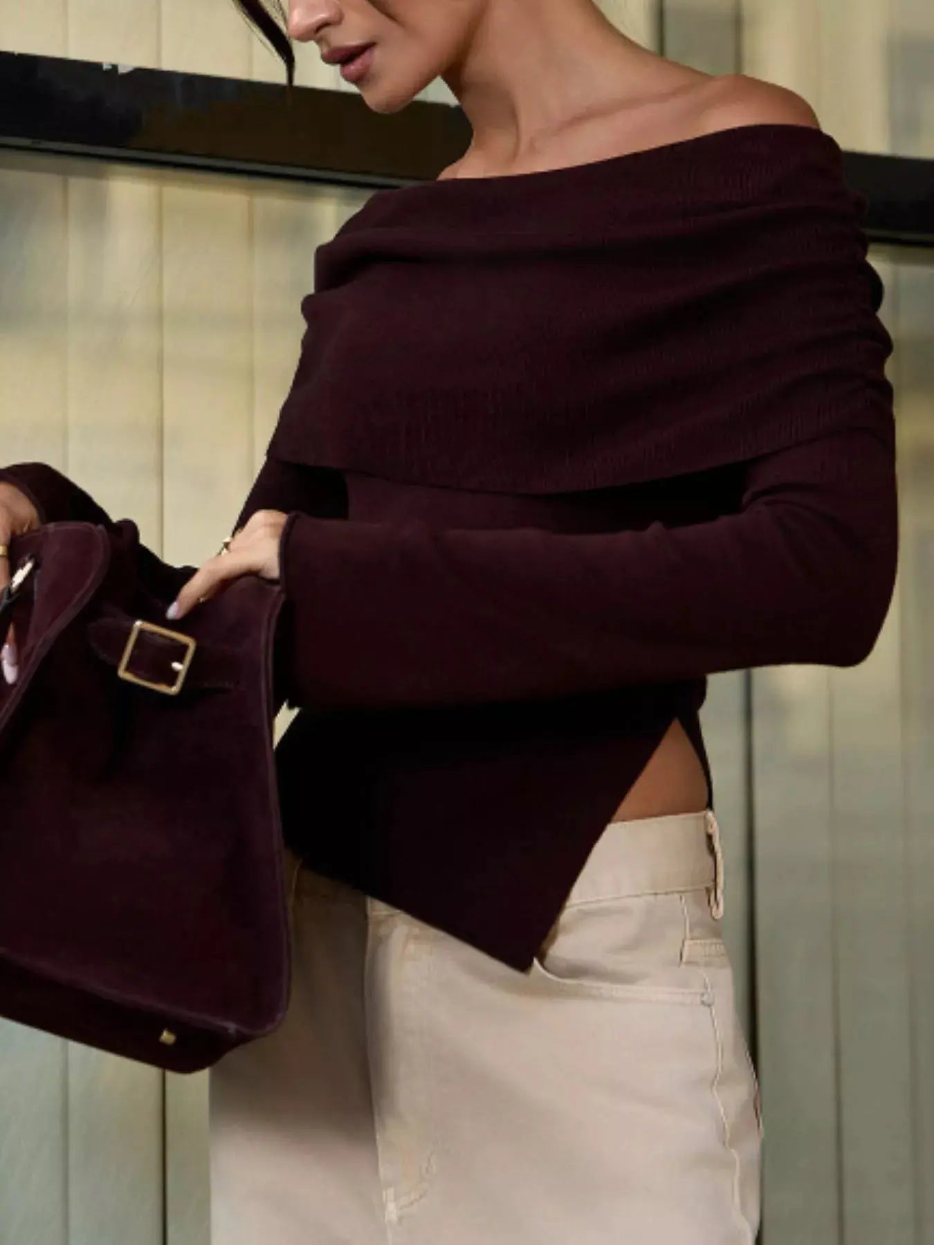 Asymmetrical Hem Off Shoulder Long Sleeve Knit Top - Be Bliss Boutique