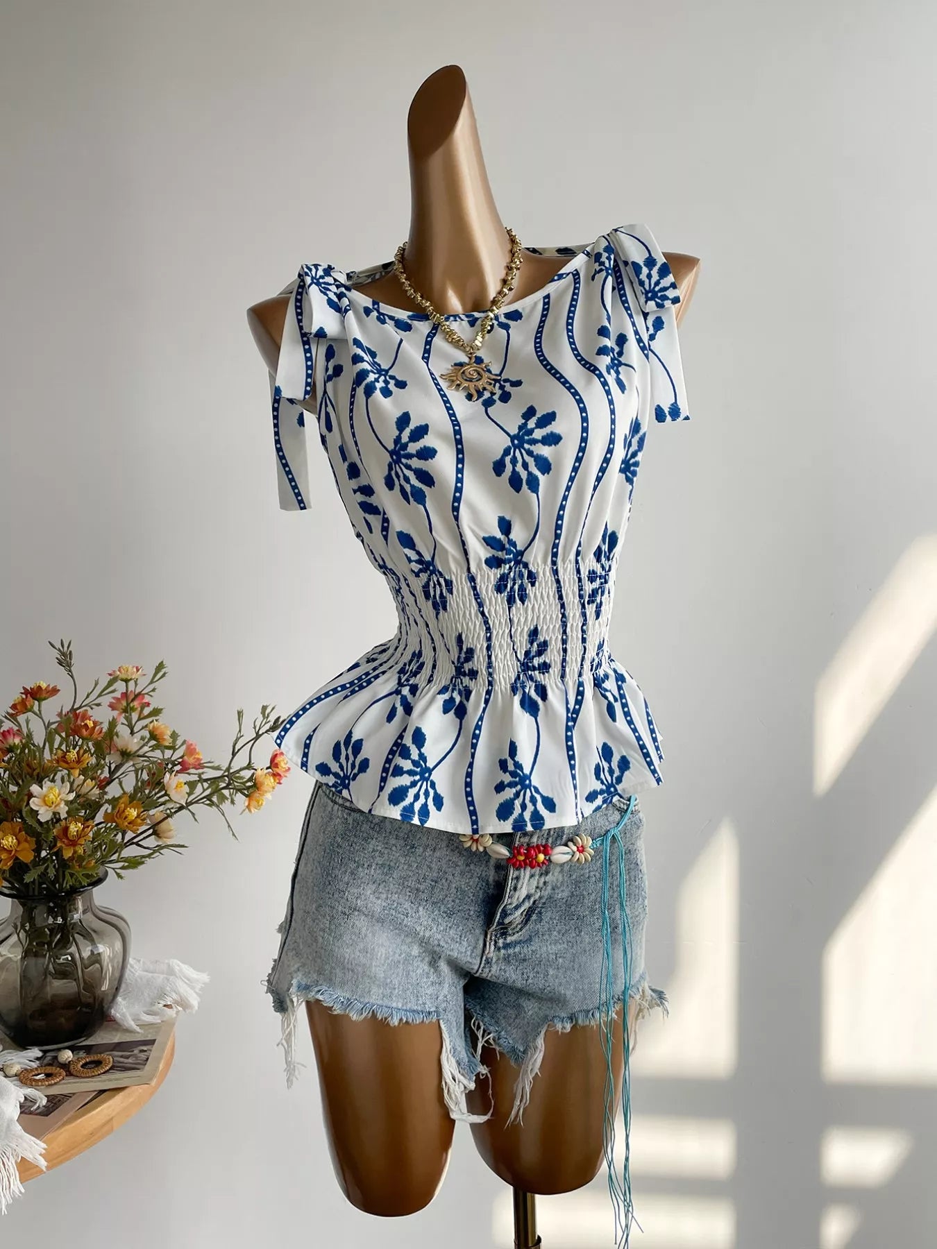 Smocked Tie Shoulder Blouse - Be Bliss Boutique