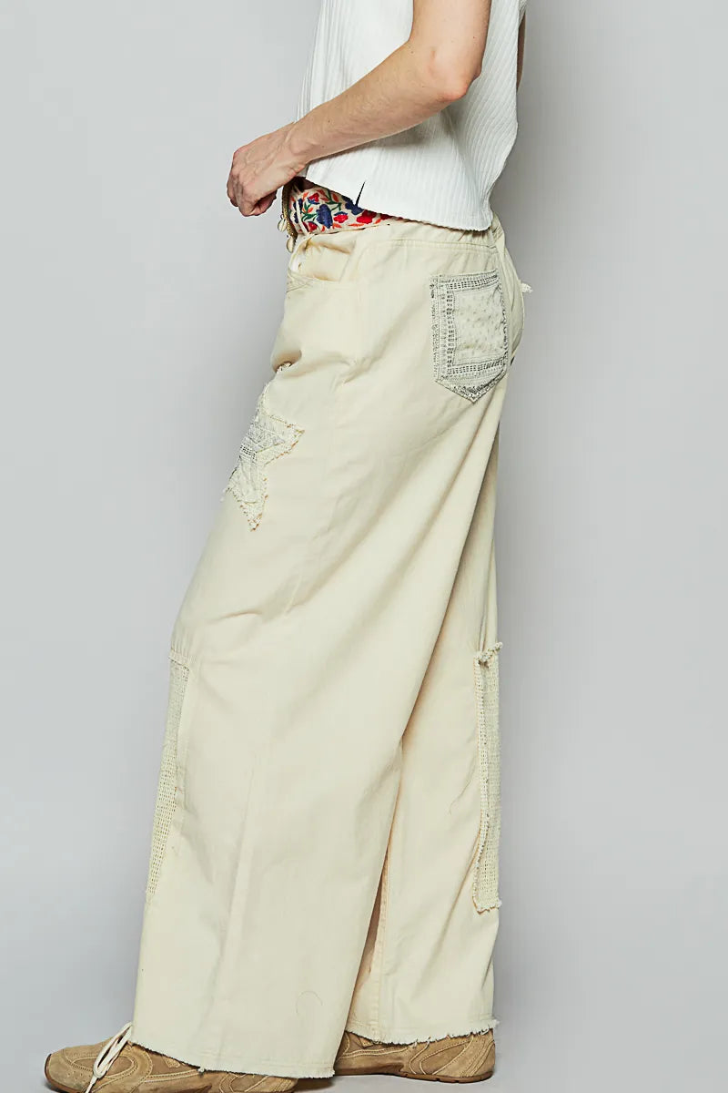 POL Raw Hem Star Patch Boho Wide Leg Pants – Cotton Statement Bottoms - Be Bliss Boutique